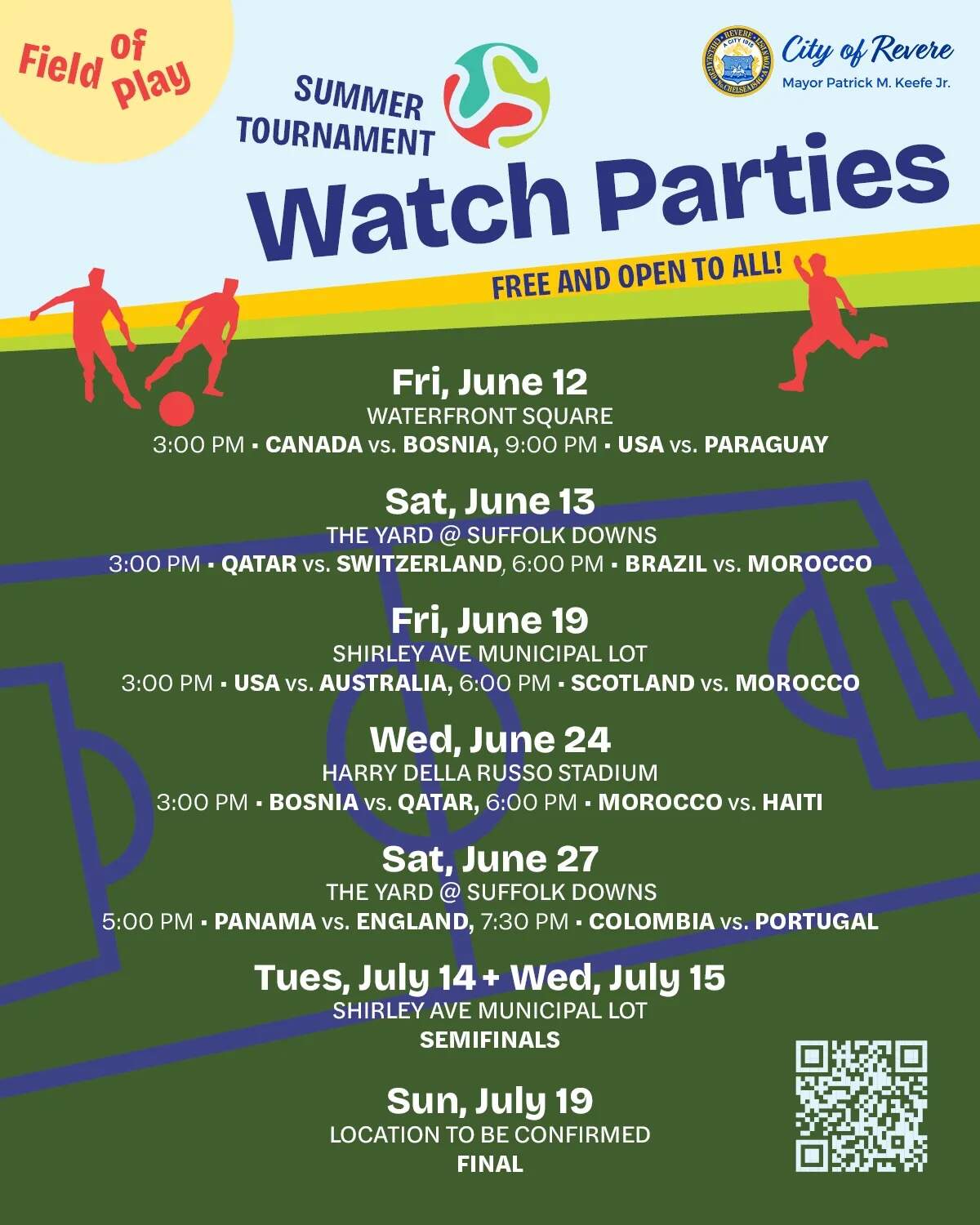 Schedule of Revere's World Cup watch parties. (City of Revere)