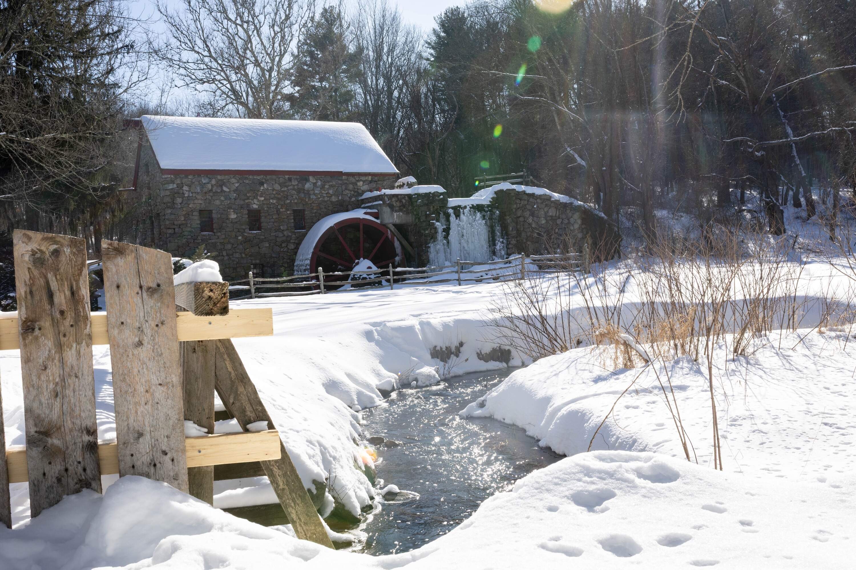 The fully functional Grist Mill at the Wayside Inn on February 8, 2026. The water wheel produced the power for grinding wheat to produce flour. (Courtesy Emily Glick)