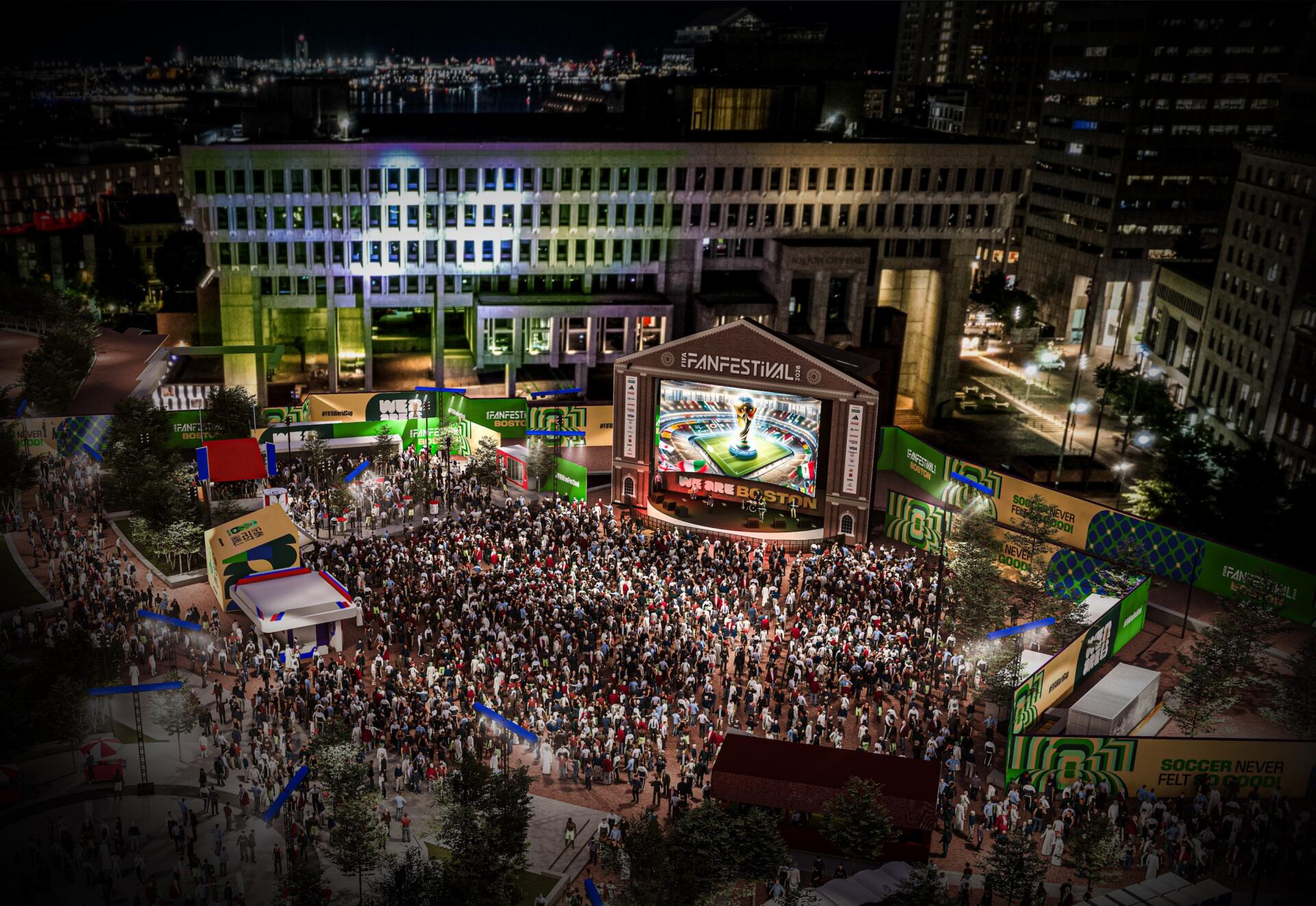 A rendering of the World Cup fan fest at Boston City Hall Plaza.