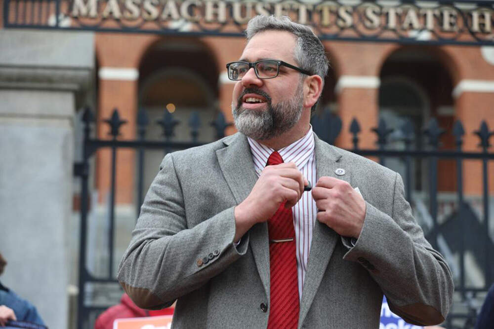 Rep. Mike Connolly speaks at a press conference on the State House steps on May 13, 2026. (Ella Adams / SHNS)