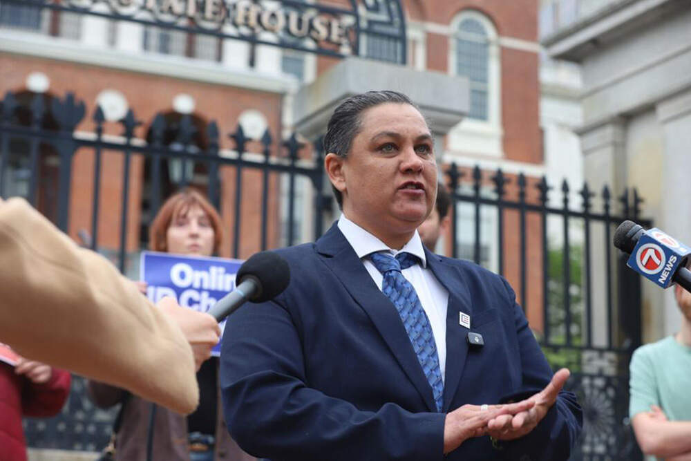 MassEquality Executive Director Tanya Neslusan speaks at a press conference on the State House steps on May 13, 2026. (Ella Adams / SHNS)