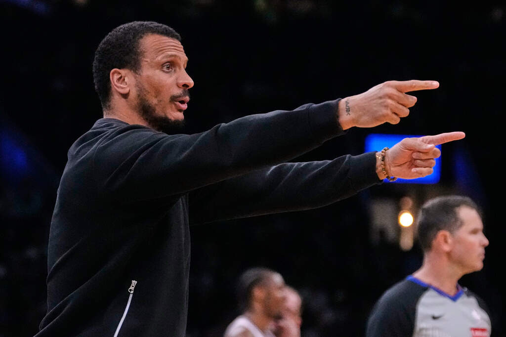 Boston Celtics head coach Joe Mazzulla calls to his players during the first half of Game 5 of a first-round NBA playoffs basketball series against the Philadelphia 76ers, Tuesday, April 28, 2026, in Boston. (Charles Krupa/AP)