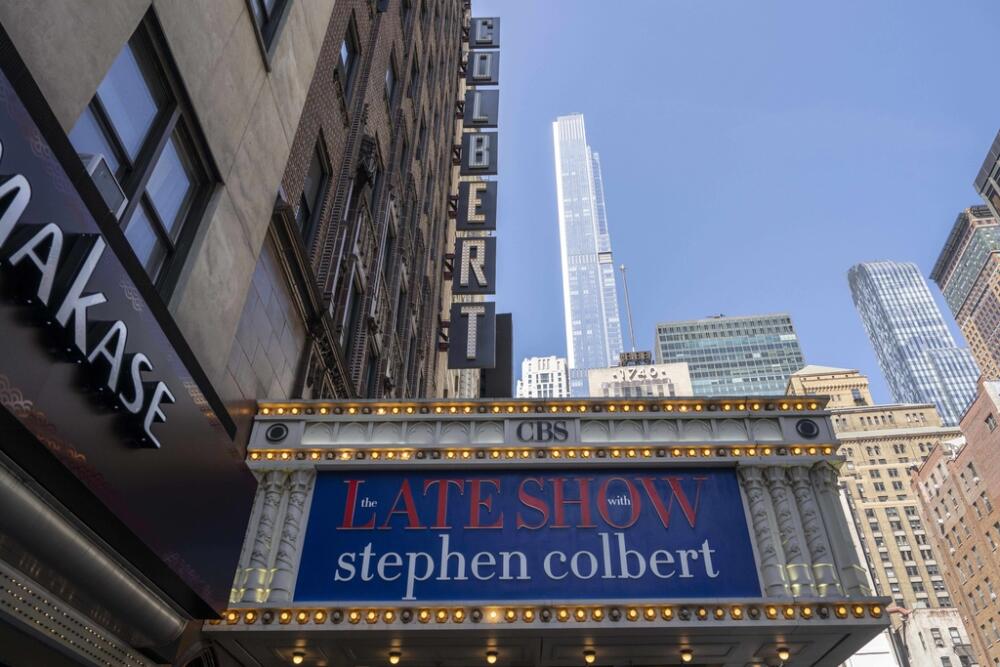 A general view shows the Ed Sullivan theater, where "The Late Show with Stephen Colbert" is filmed, Friday, July 18, 2025, in New York. (AP Photo/Yuki Iwamura)