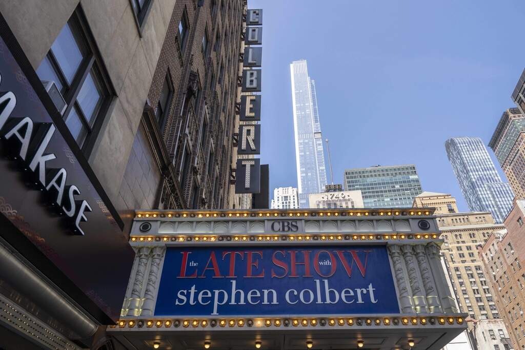 A general view shows the Ed Sullivan theater, where "The Late Show with Stephen Colbert" is filmed, Friday, July 18, 2025, in New York. (AP Photo/Yuki Iwamura)