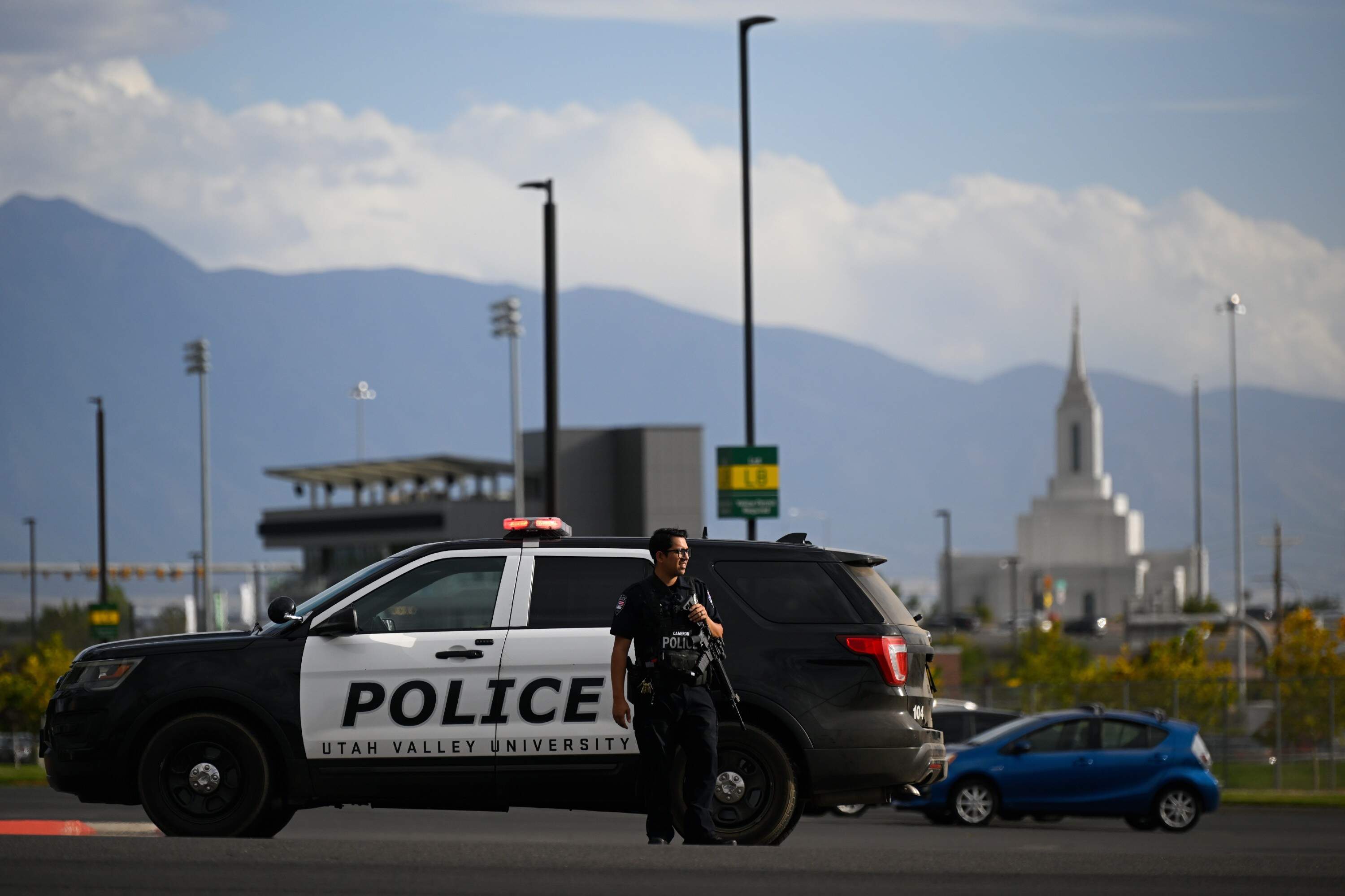 A law enforcement officer stands outside Utah Valley University in Orem, Utah, on Sept. 10, 2025. (Alex Goodlett, File/AP)