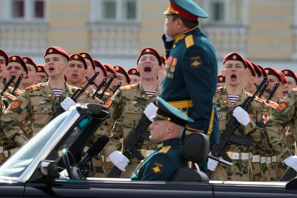 Servicemen attend the Victory Day military parade marking the 81st anniversary of the Soviet Union's victory over Nazi Germany during the World War II, at the Dvortsovaya (Palace) Square in St. Petersburg, Russia, Saturday, May 9, 2026 (Dmitri Lovetsky/AP)