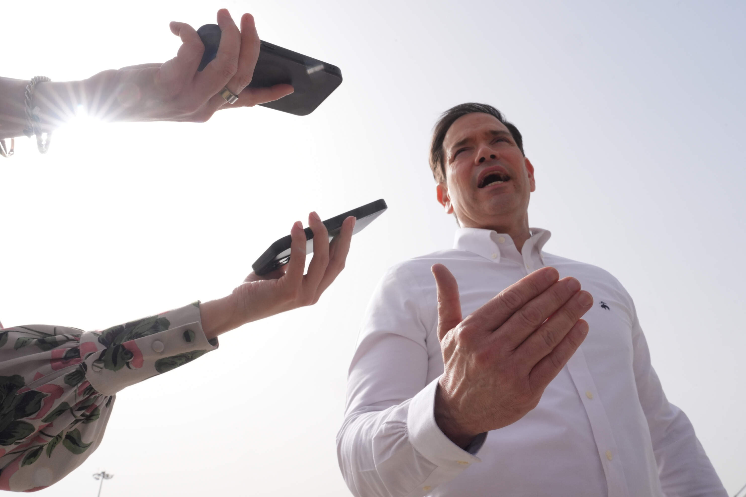 United States Secretary of State Marco Rubio speaks to the journalists before boarding his plane at Indira Gandhi International Airport in New Delhi, India, Monday, May 25, 2026. (Julia Demaree Nikhinson/AP)