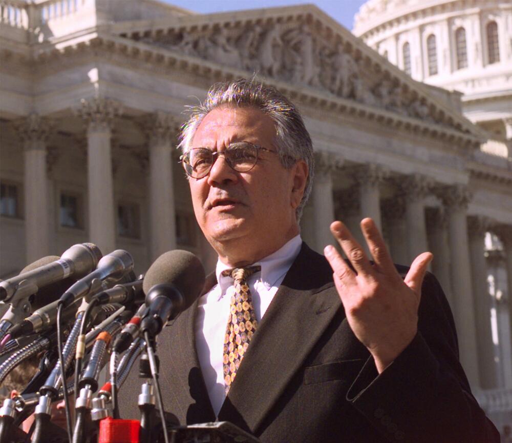 House Judiciary Committee member Rep. Barney Frank, D-Mass., gestures during a Capitol Hill news conference on Sept. 24, 1998. (Ron Edmonds/AP)