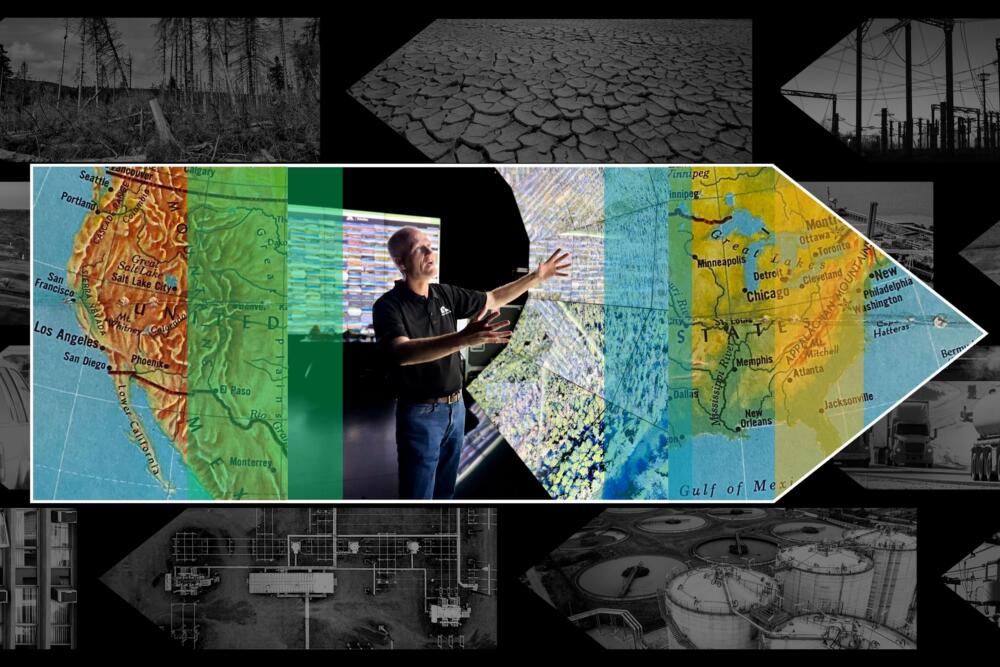 Falko Kuester demonstrates a simulation at the Wave Lab on the campus of University of California, San Diego. (Peter O’Dowd/Here & Now)