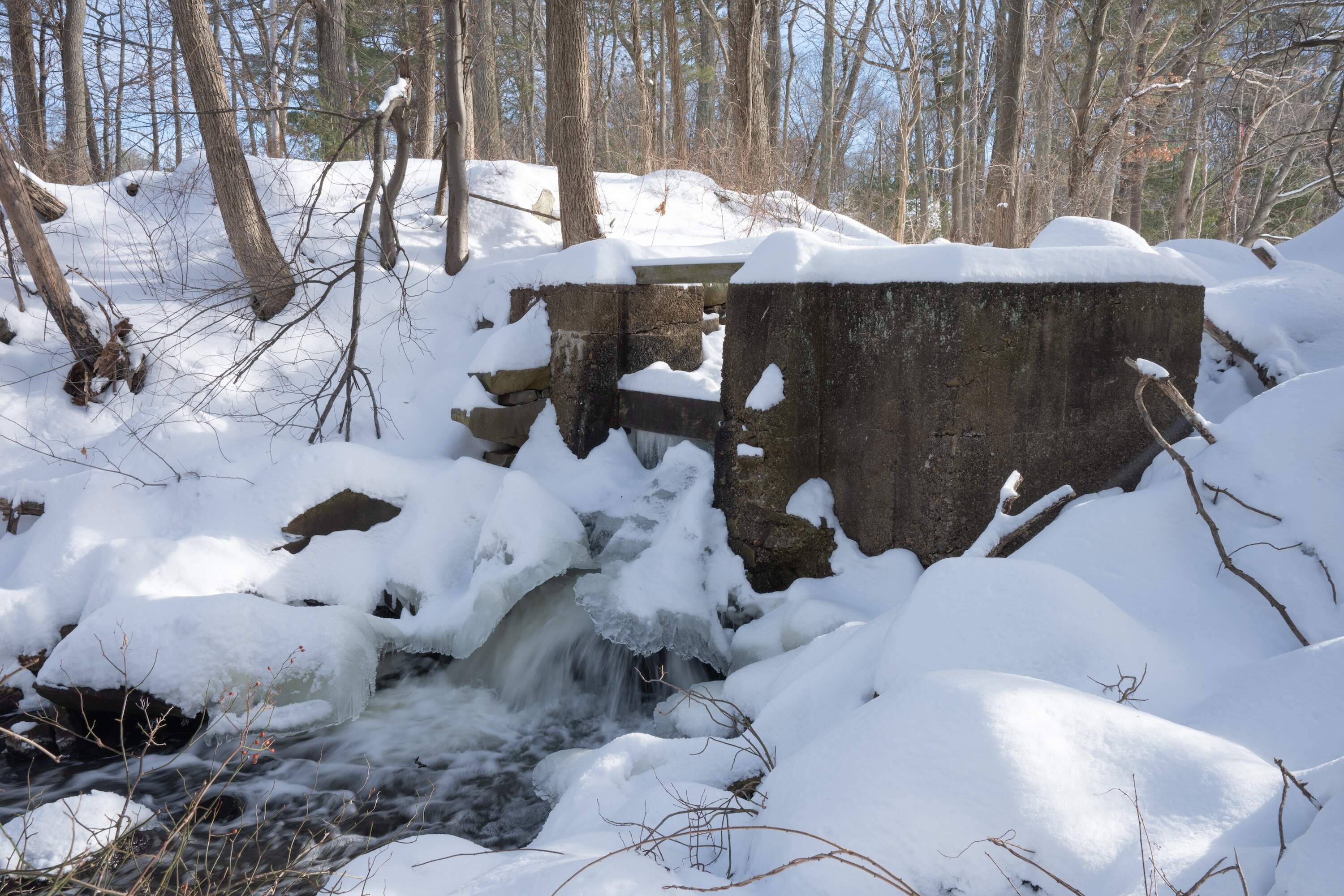 TThe Hager Pond Dam sits covered in snow and ice, February 8, 2026. (Courtesy Asher Ben-Dashan)