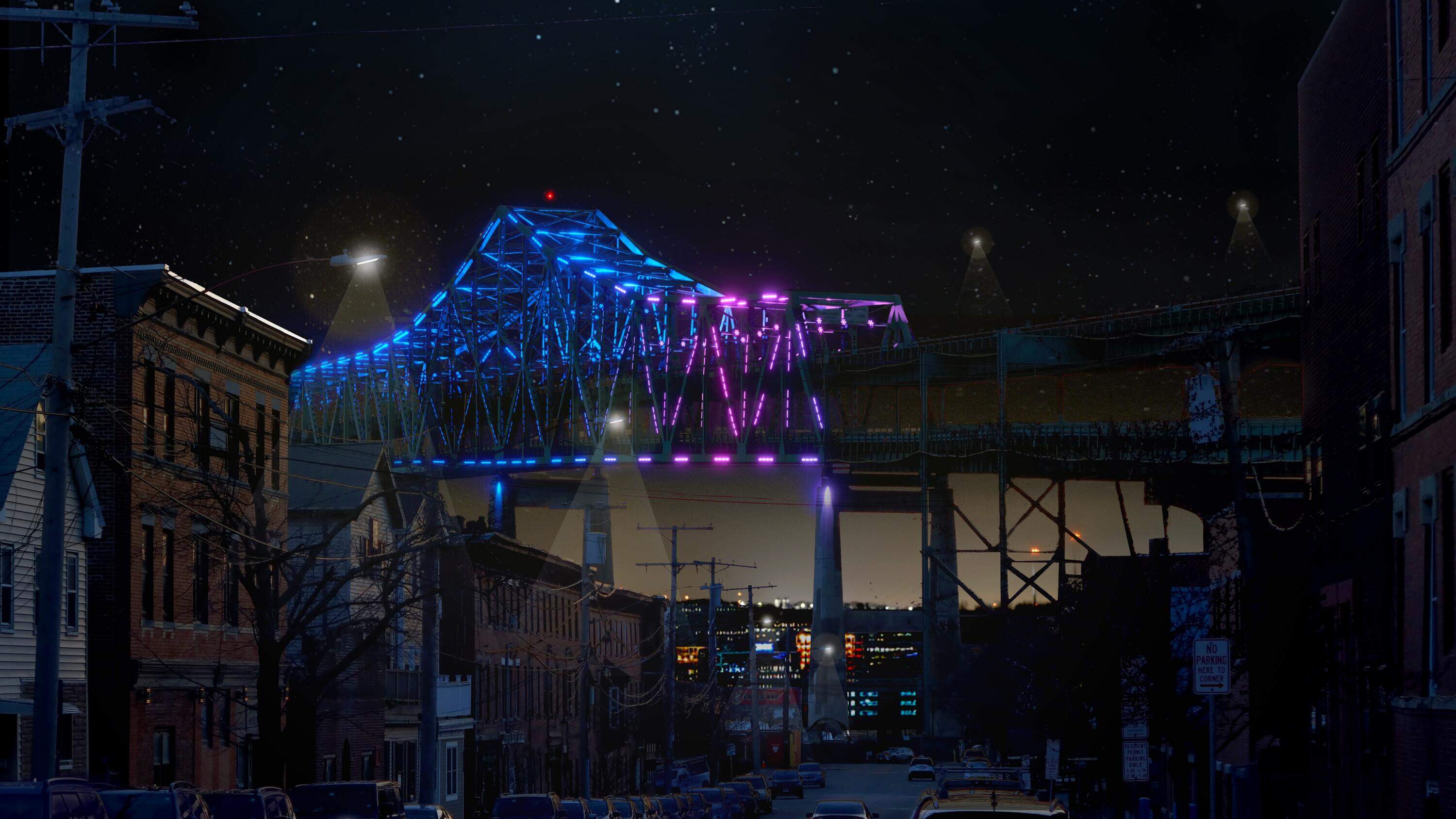 A rendering of the illuminated Tobin bridge as it would appear from Broadway in Chelsea. (Courtesy MASARY Studios)