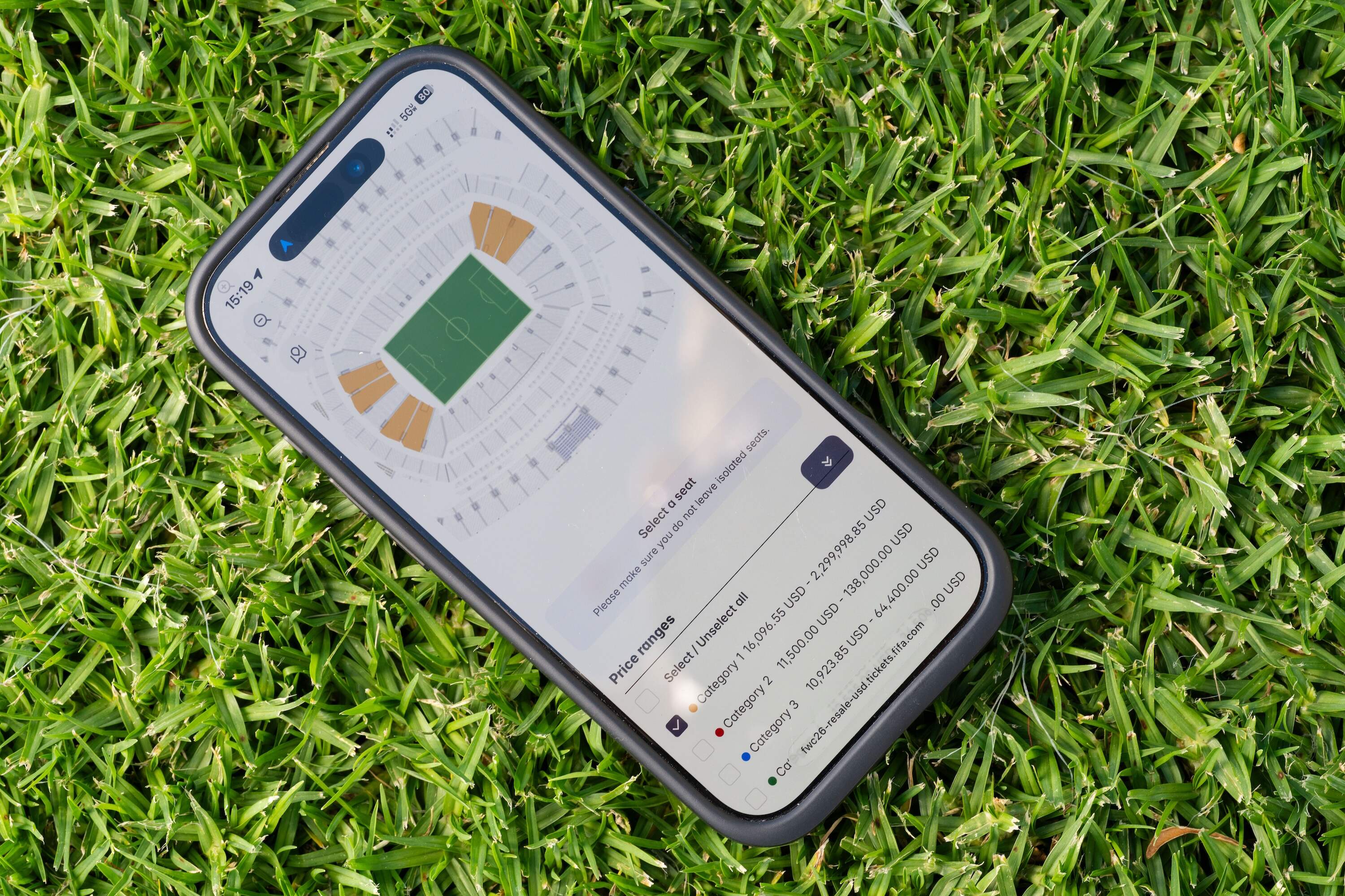 FIFA's in-house secondary ticket market as seen on a smartphone screen.