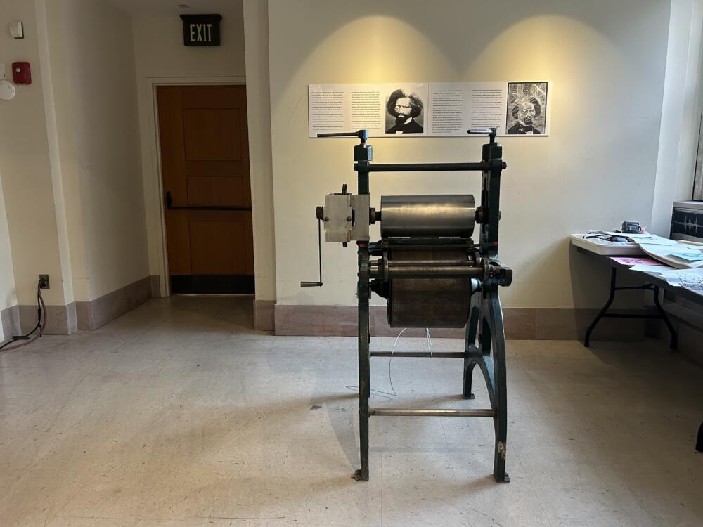 A printing press at the Boston Public Library. It was previously owned by artist Hyman Bloom. (Amanda Beland/WBUR)