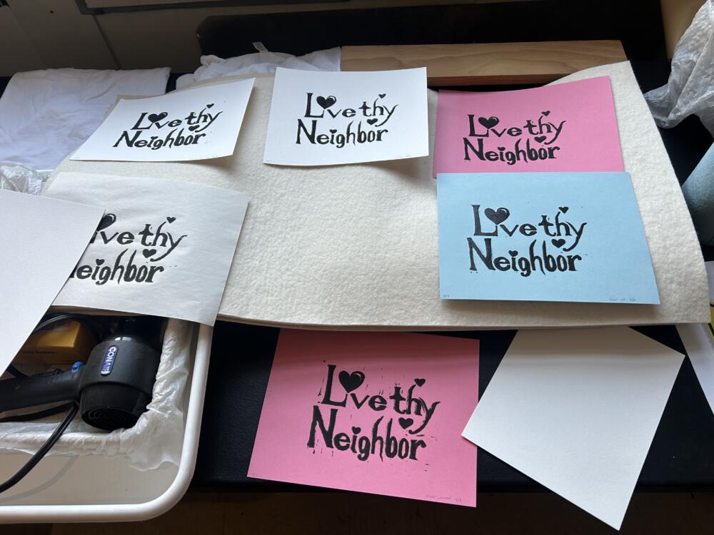 Prints made at the library's printmaking workshop. (Amanda Beland/WBUR)