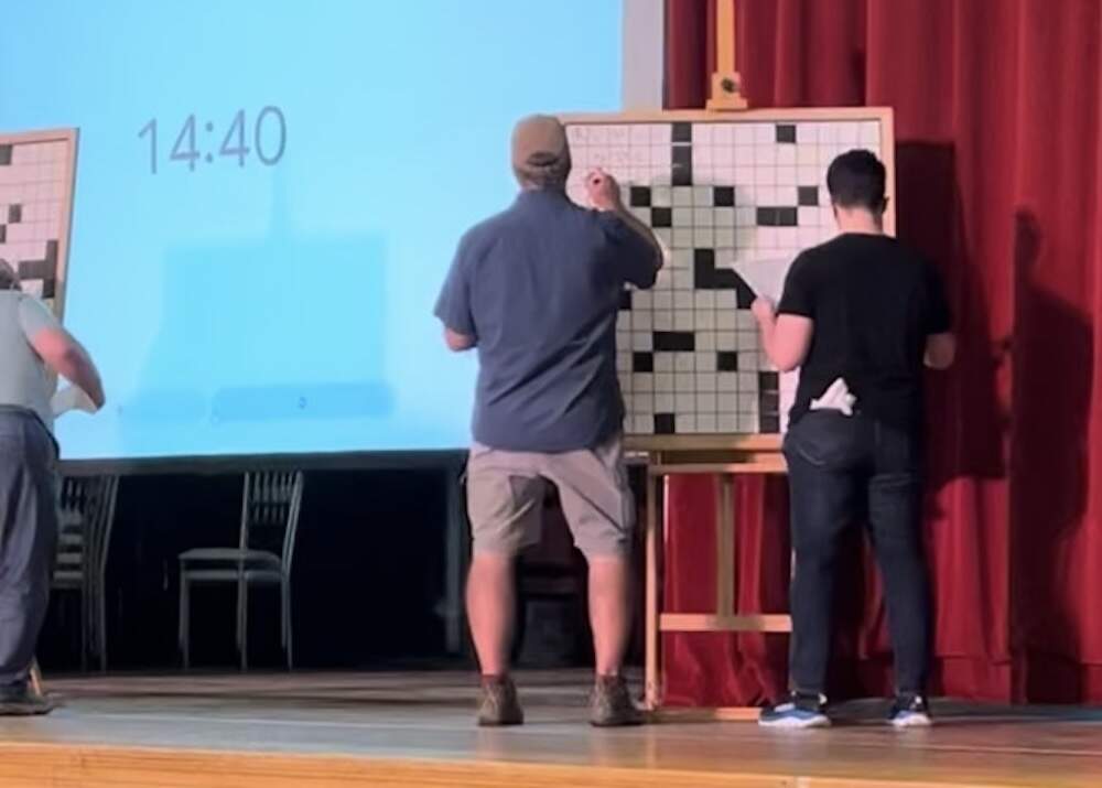 Claire Rimkus, right, and her father Pete Rimkus, compete at the American Crossword Tournament, held yearly in Stamford, Connecticut. (Courtesy Claire Rimkus)