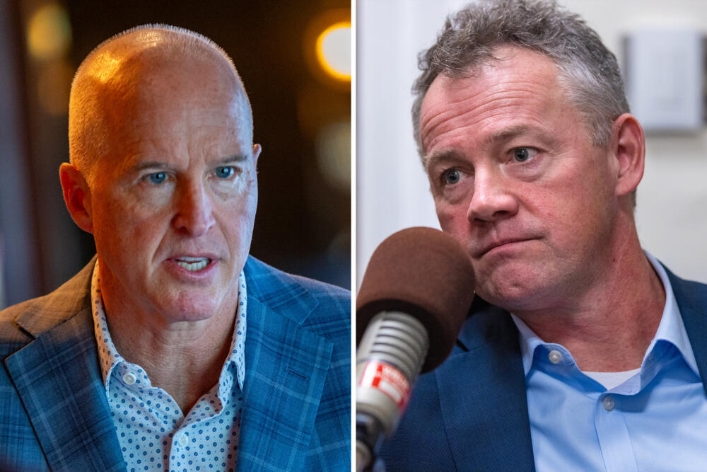Republican gubernatorial candidates Mike Minogue, left, and Brian Shortsleeve, right. (Jesse Costa/WBUR)
