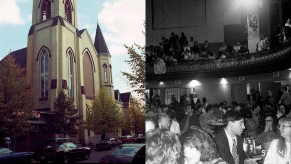 Left, the church that housed IBA's Jorge Hernández Cultural Center, later renamed the Villa Victoria Center for the Arts. Right, a community event that happened at the center. (Courtesy Inquilinos Boricuas en Acción Records at Northeastern University Archives and Special Collections)