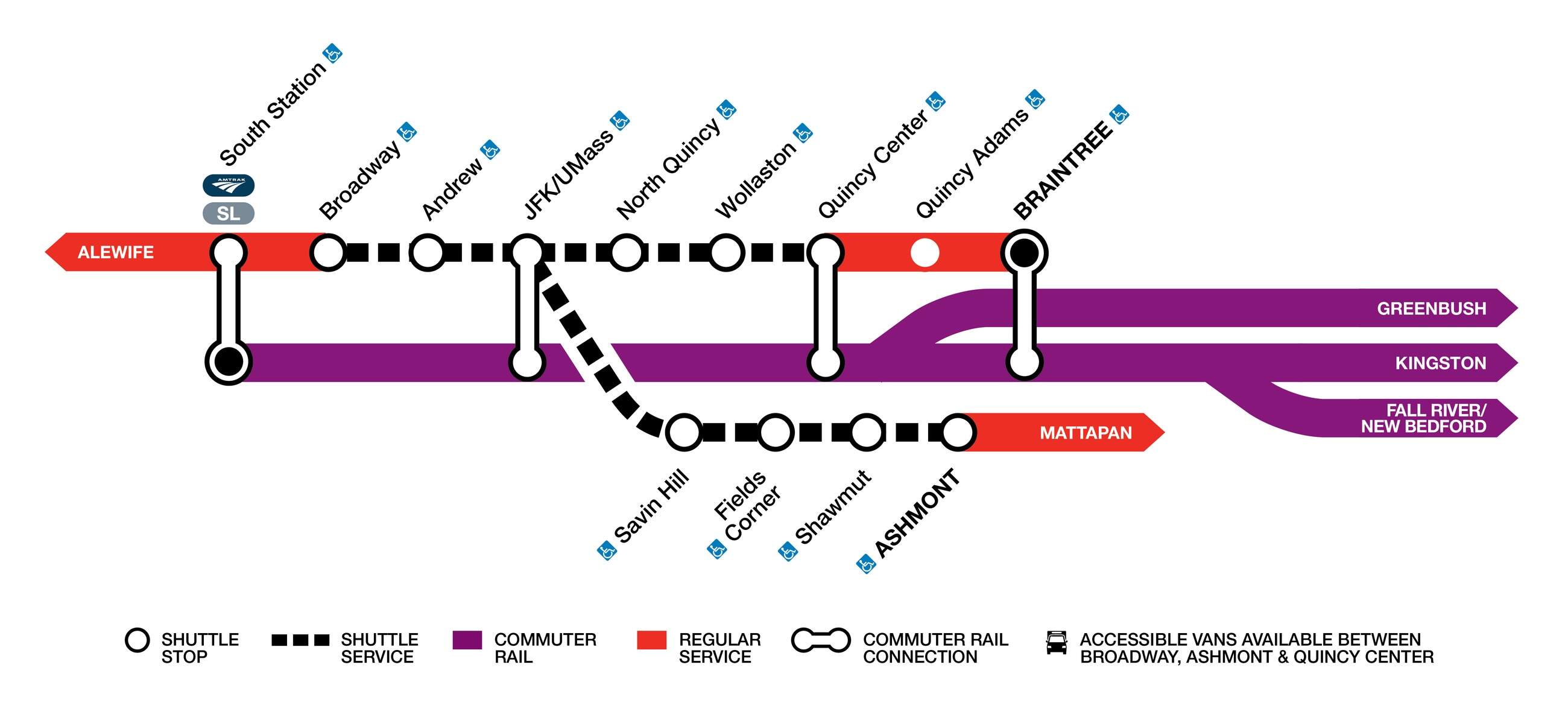 Shuttles are replacing Red Line service between Broadway and Quincy Center and between JFK/UMass and Ashmont from Friday, May 29 through Sunday, May 31. (MBTA)