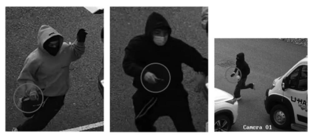 Screenshots from video surveillance recorded during the fatal attack on Gui Lin, 41, at a warehouse in Derry on May 19, 2025. State authorities say the footage shows three suspects, Jeffrey Li, 18, Marco Junior Marquez Vera, 20, and Ayaan Nisaar, 18, who allegedly traveled from New York to the warehouse in an attempt to steal Apple devices. (N.H. Superior Court Records via NHPR)