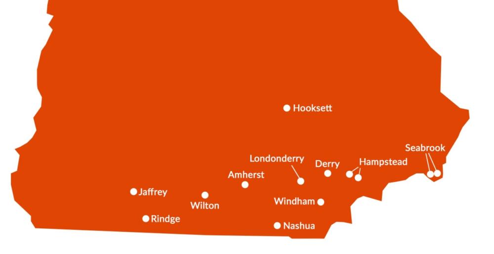 This map shows the towns where police have identified at least 13 different southern New Hampshire facilities involved in the scheme. (Sara Plourde/NHPR)