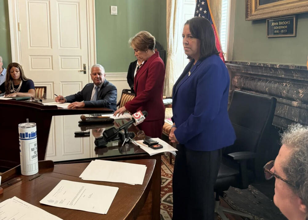 Gov. Maura Healey speaks to the Governor's Council ahead of its vote on her Parole Board nominee on May 20, 2026. (Katie Castellani / SHNS)