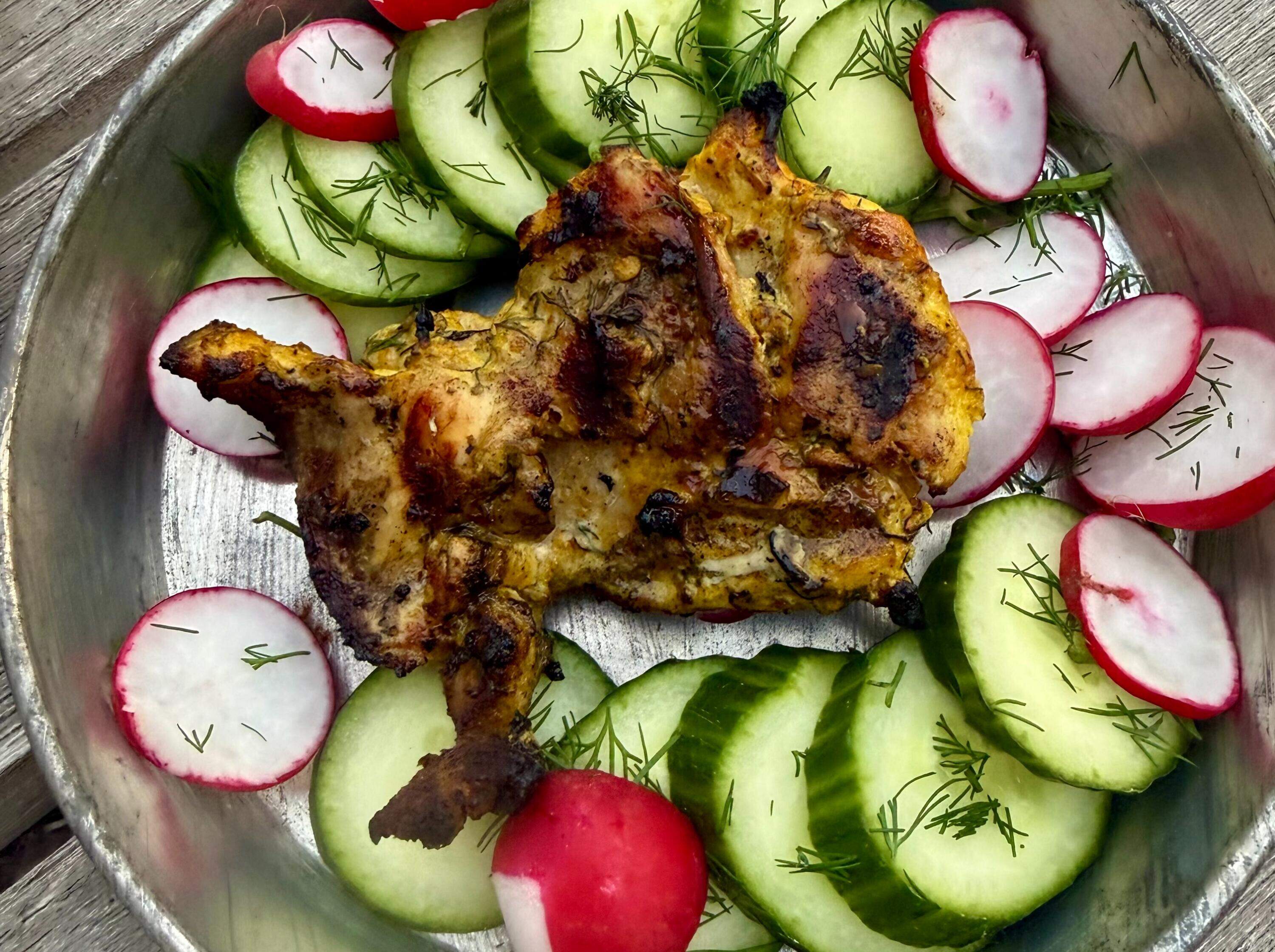 Grilled Indian-inspired chicken. (Kathy Gunst/Here & Now)