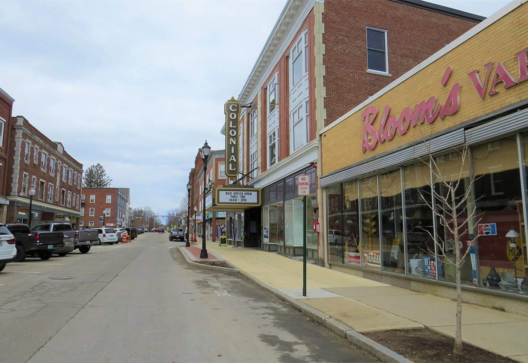 Main Street in Laconia, New Hampshire. The "social district" in downtown Laconia covers part of Main Street, Veterans Square, and Pleasant Street in downtown, including a few side streets like Canal Street and Hanover Street across from City Hall. (Dan Tuohy/NHPR)