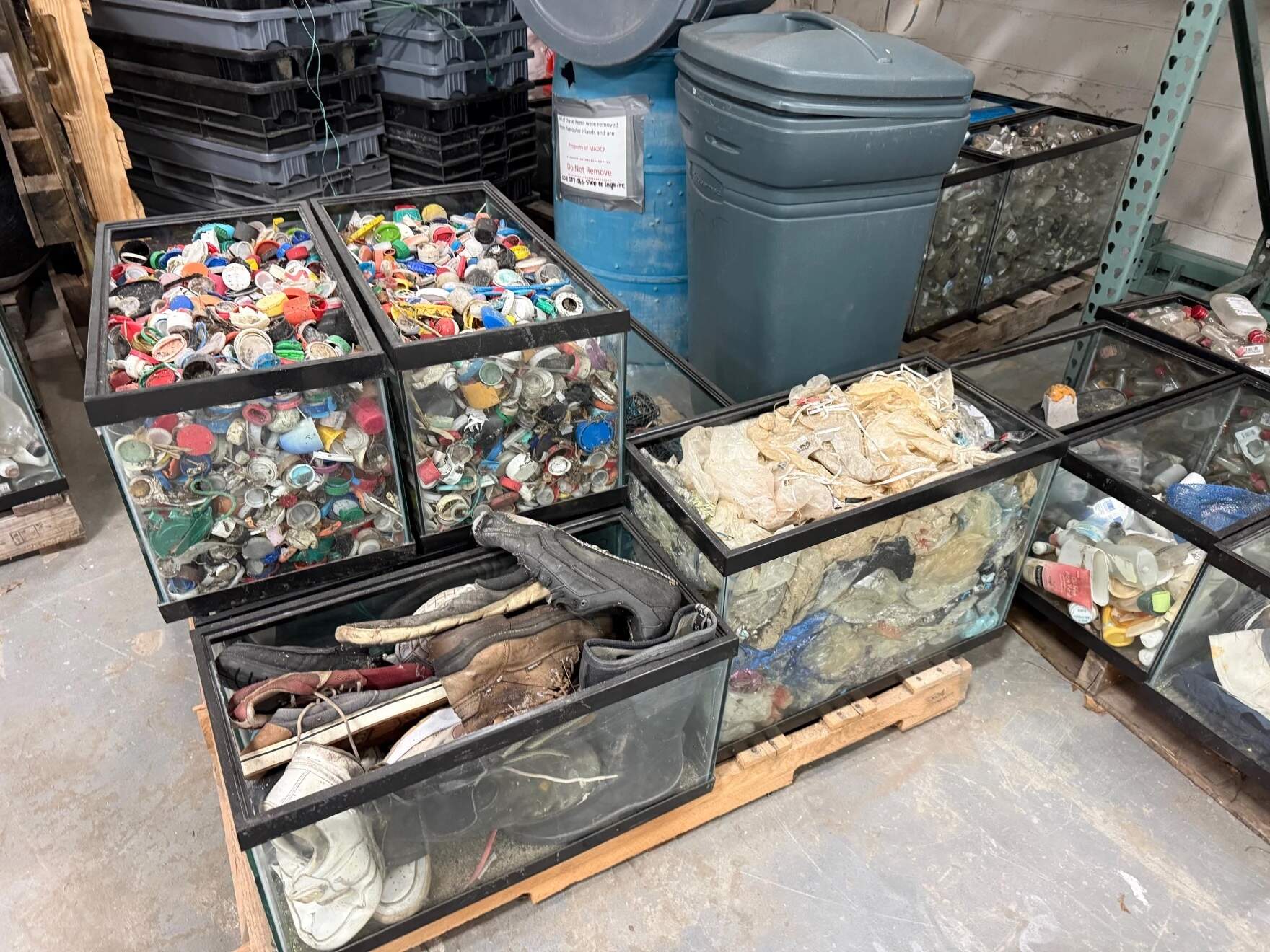 Items picked up during beach cleanups run by the Center for Coastal Studies are sorted and stored at the warehouse, where they are given away to artists. (Amy Kolb Noyes/CAI)