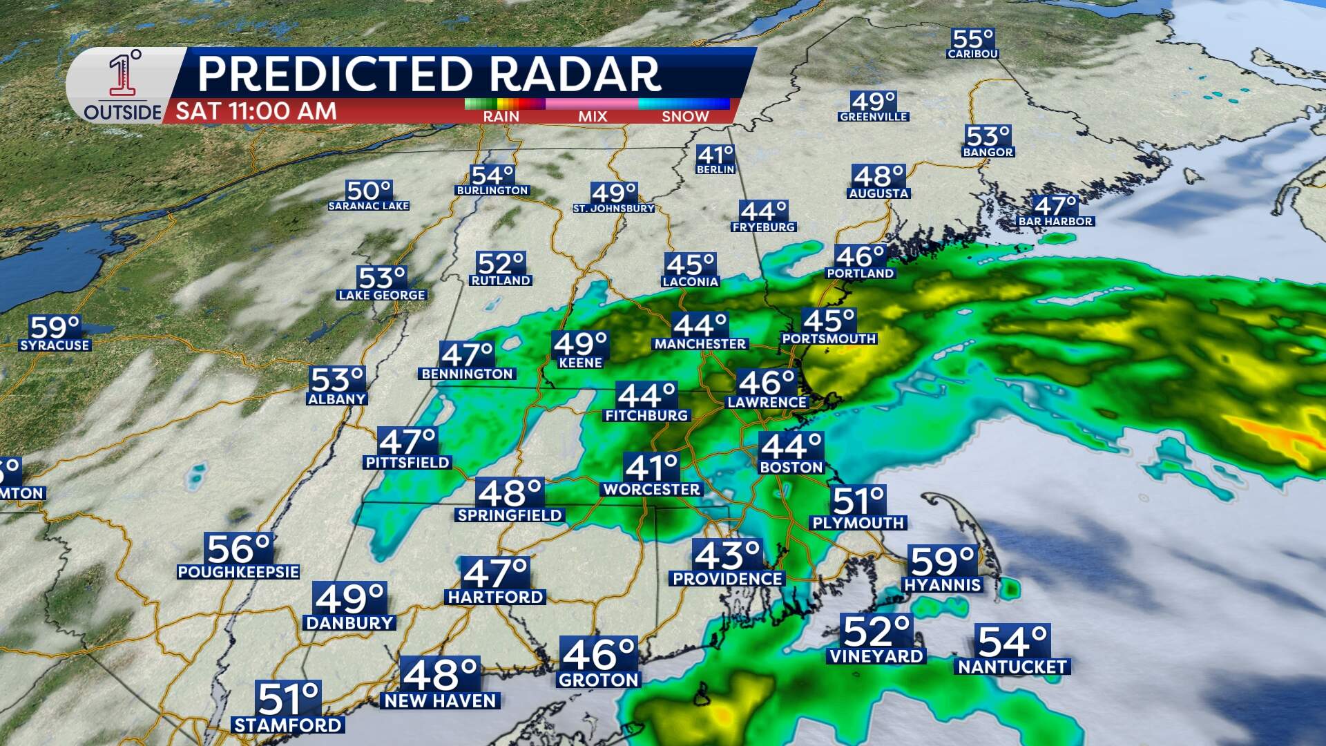 Predicted radar for Saturday, May 30 at 11 a.m. (Danielle Noyes/1DegreeOutside)