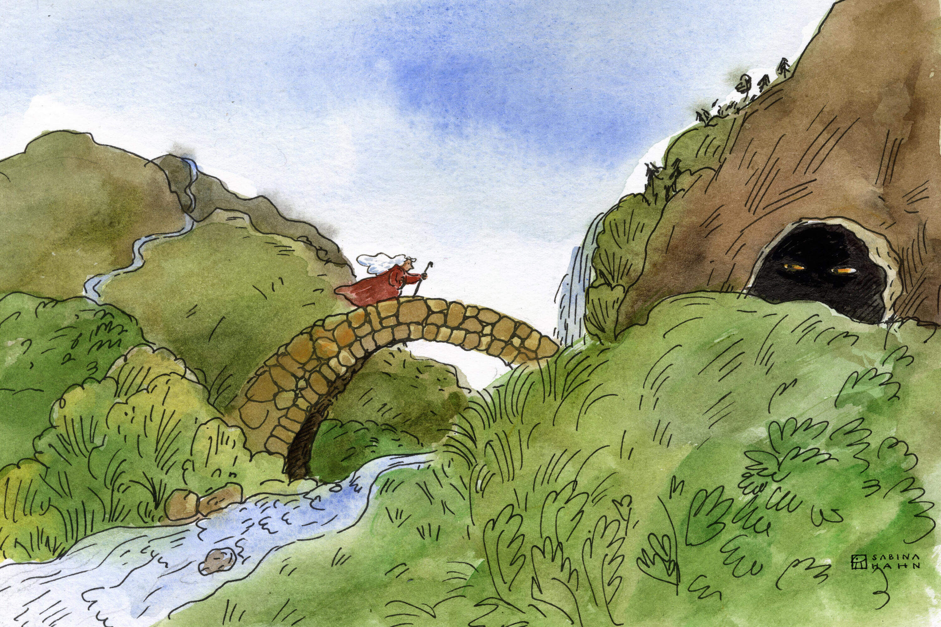 A woman approaching a cave with eyes. (Sabina Hahn for WBUR)
