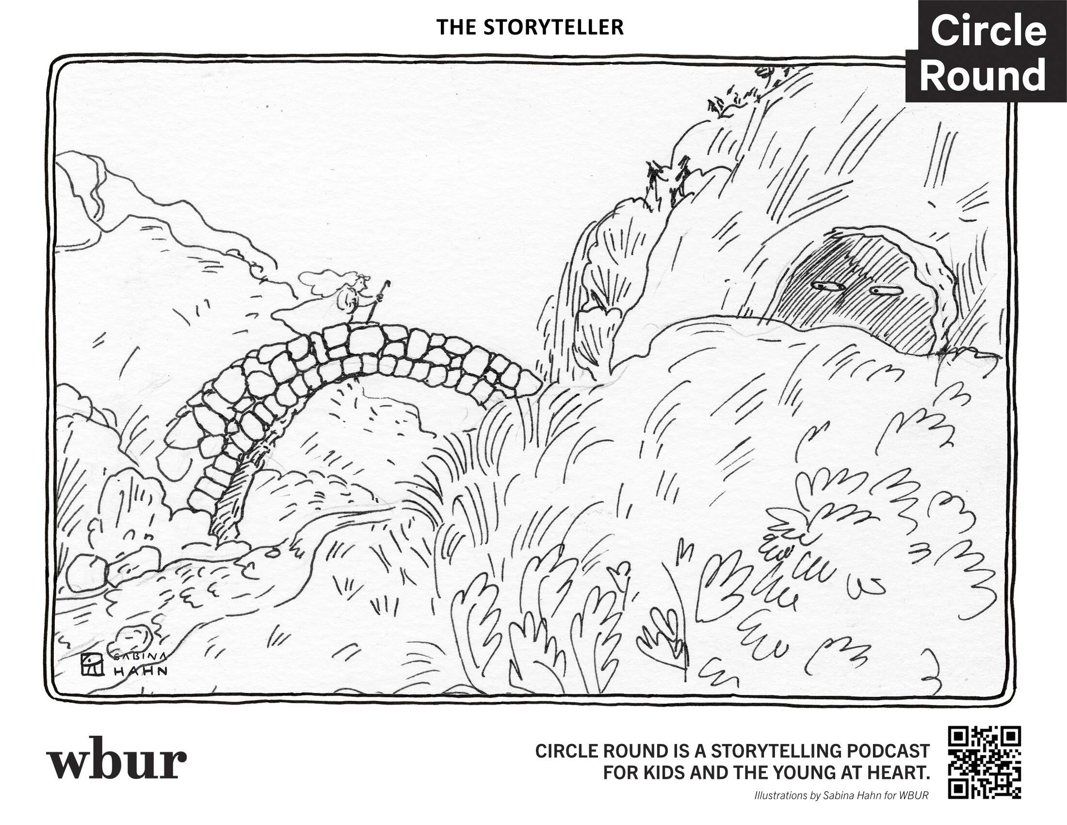 A woman approaching a cave with eyes. (Sabina Hahn for WBUR)