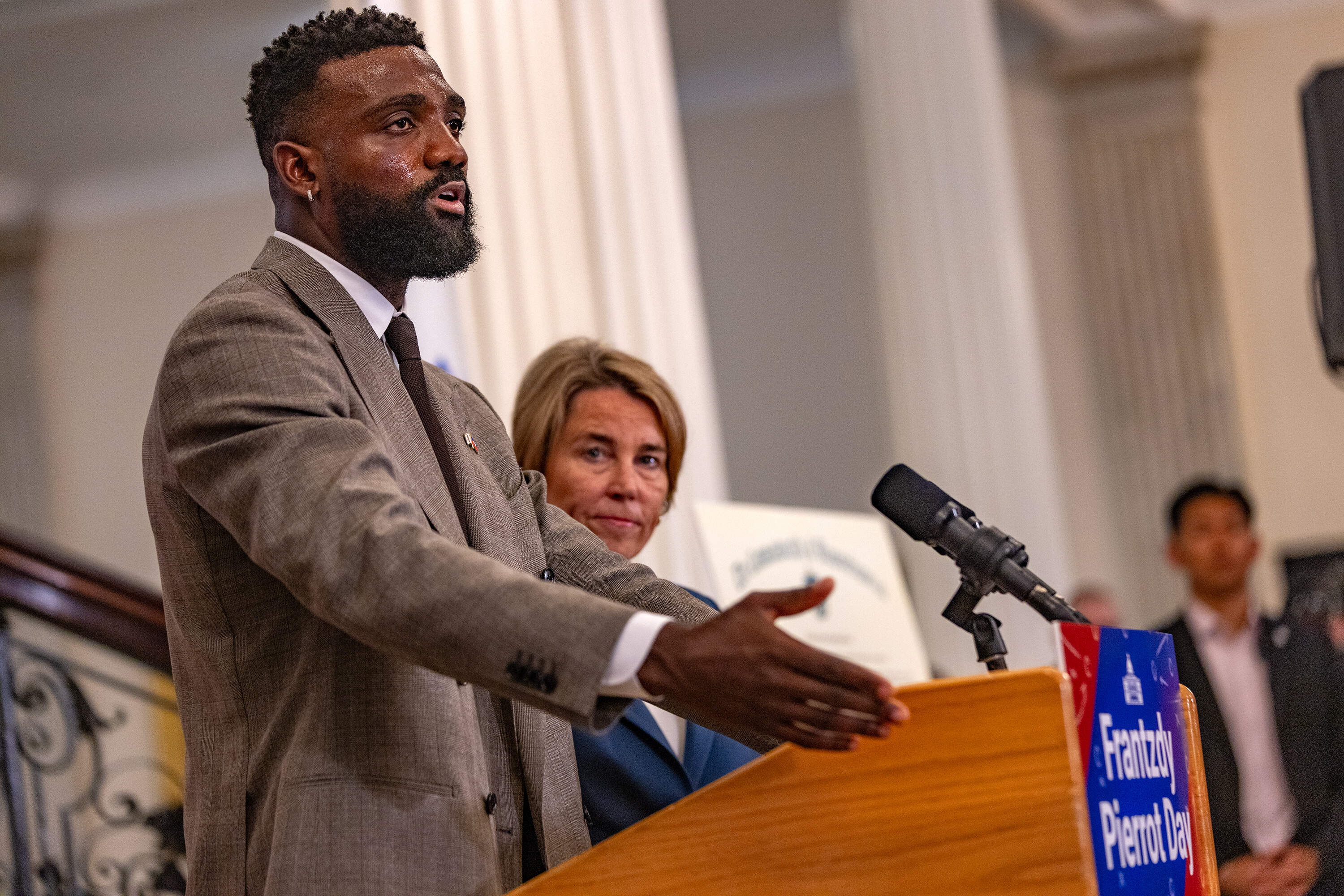 Haitian soccer star Frantzdy Peirrot speaks after Governor Maura healey proclaims May 26th Frantzdy Peirrot Day. (Jesse Costa/WBUR)