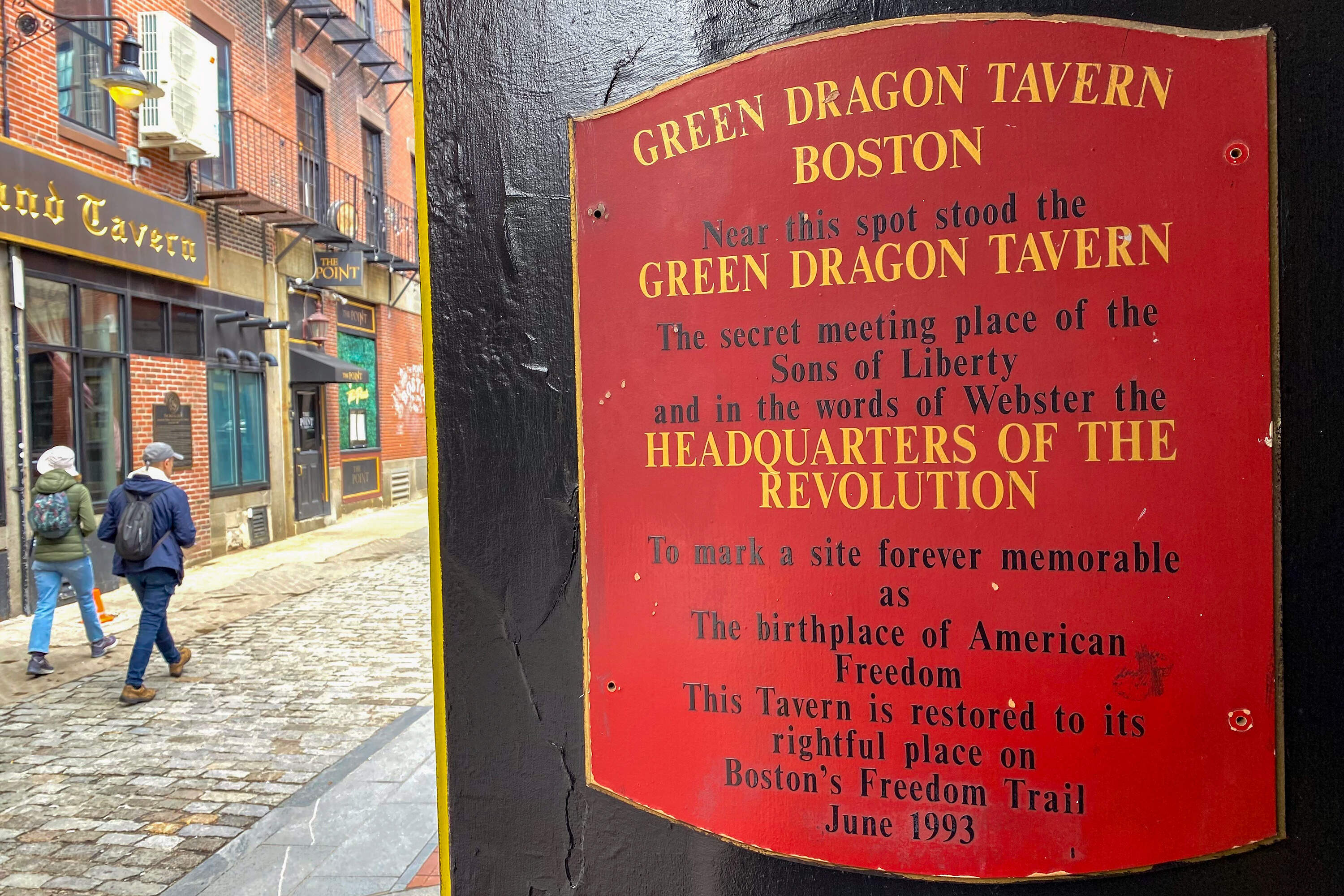 A sign marks the original Boston location of the Green Dragon Tavern. (Andrea Shea/WBUR)