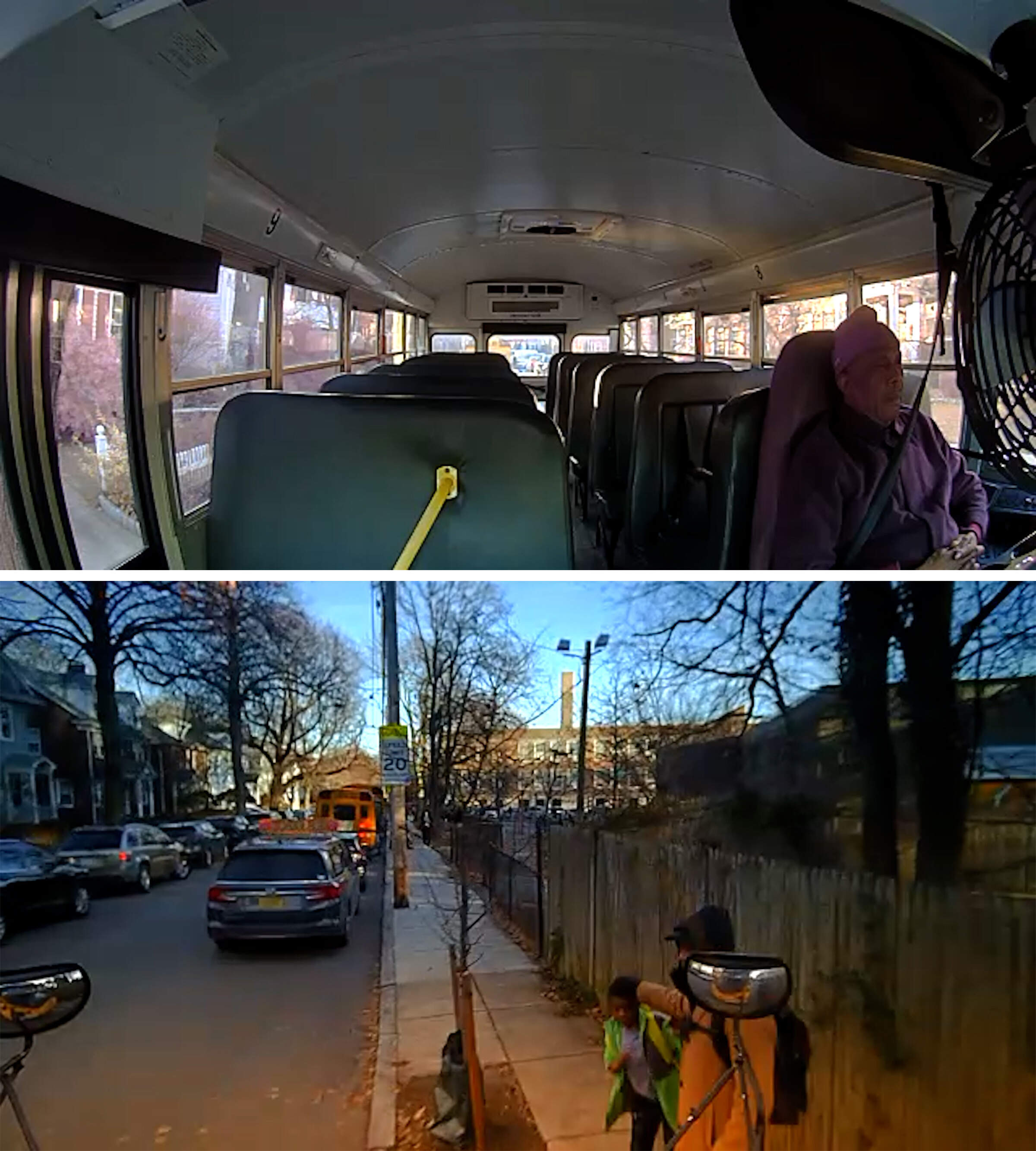 In the first image, the interior of a school bus. At the front, a man sits in the driver’s seat with his eyes closed and his hands clasped in his lap. In the second image, a camera view from the exterior of a school bus shows a boy and a man in front of the bus as it moves onto a city sidewalk