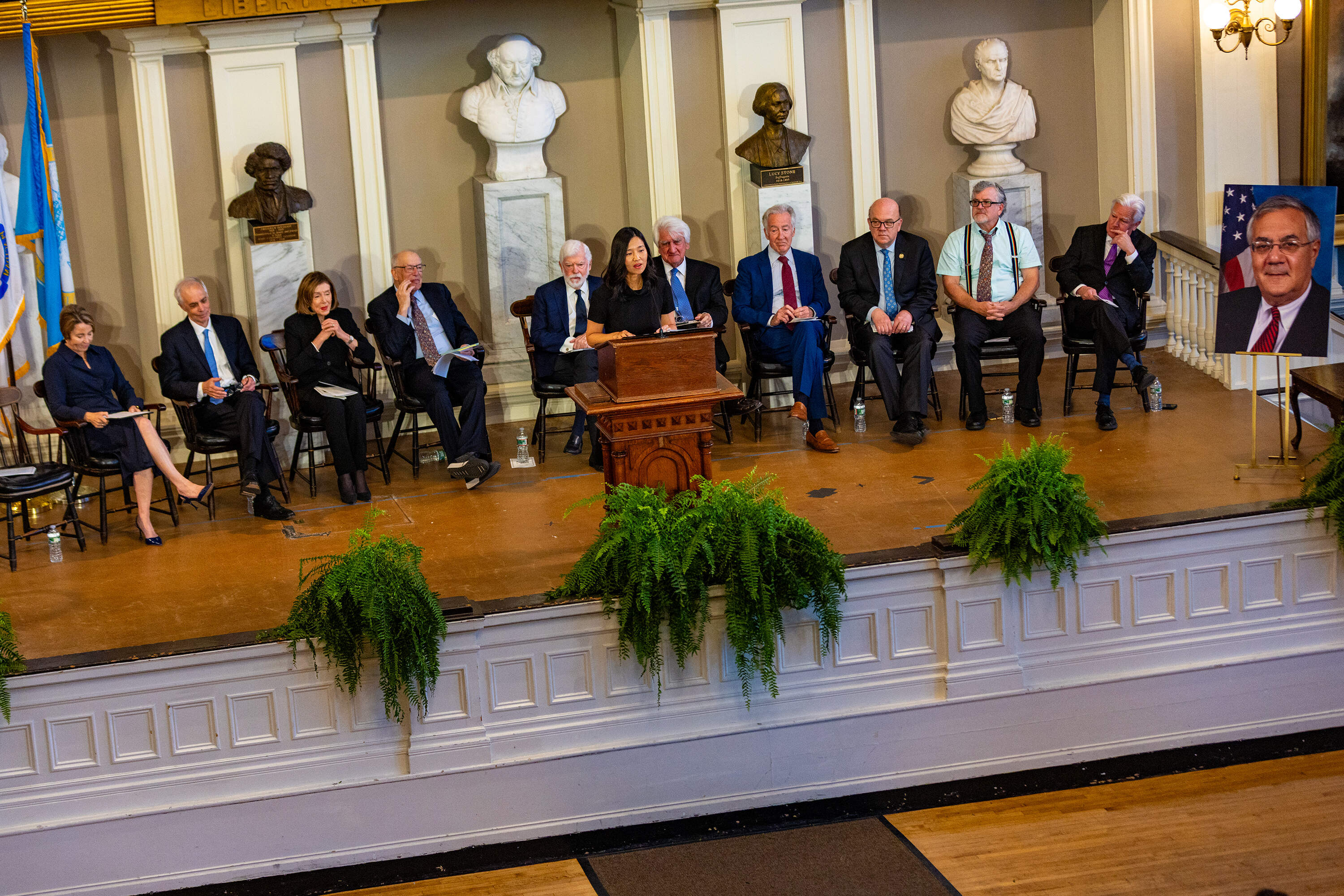 Some of the highest-ranking politicians in the state spoke during the ceremony in memory of Rep. Barney Frank. (Jesse Costa/WBUR)