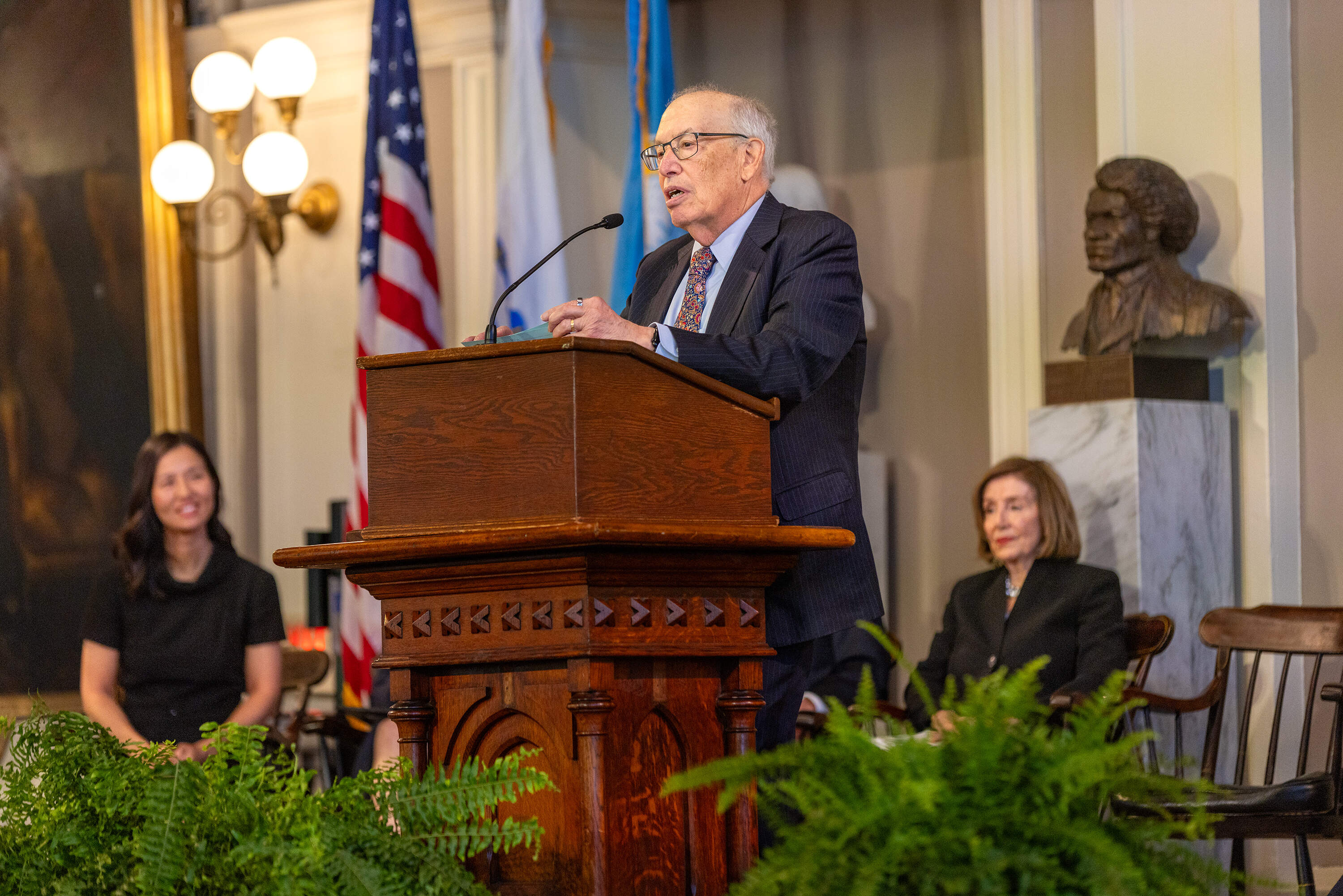 Former Congressman Jim Segel speaks about Barney Frank, his longtime friend, at a memorial service on Monday in Boston. (Jesse Costa/WBUR)