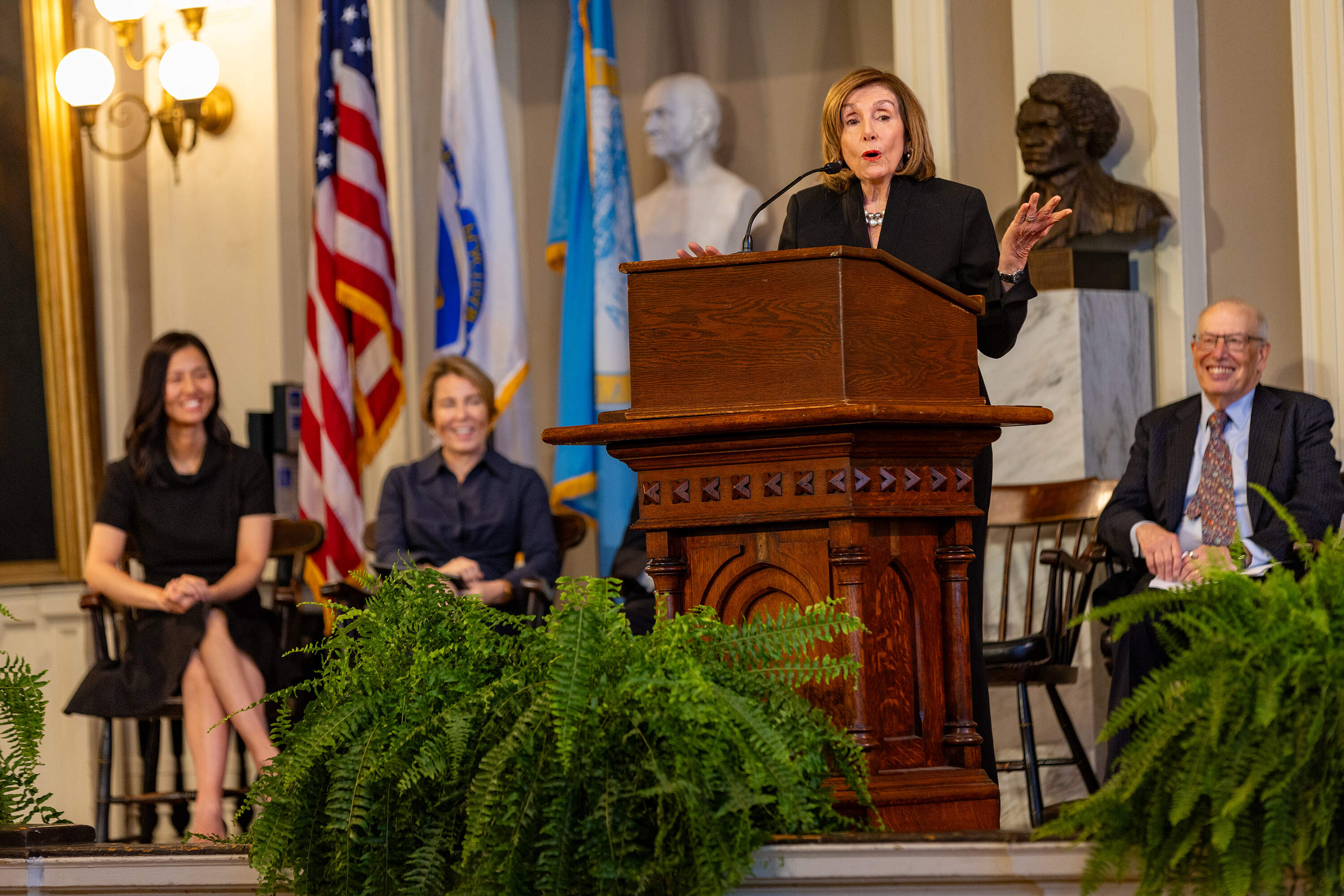 Former Speaker of the U.S. House of Representatives Nancy Pelosi recalls moment being with Barney Frank at his celebration of his life at Faneuil Hall in Boston. (Jesse Costa/WBUR)