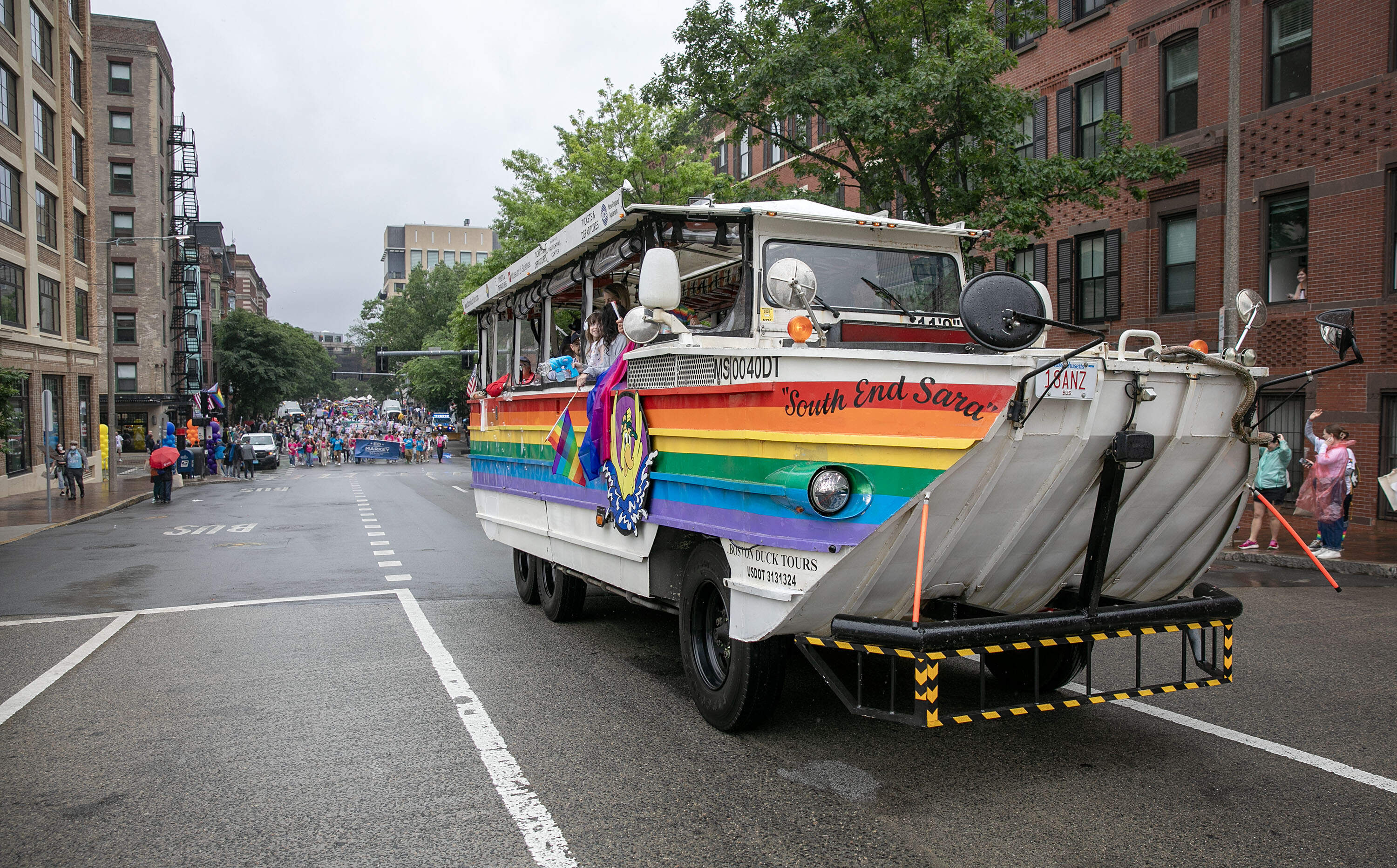 A Pride-themed duck boat on Berkeley St. during the 2025 Pride Parade. (Robin Lubbock/WBUR)