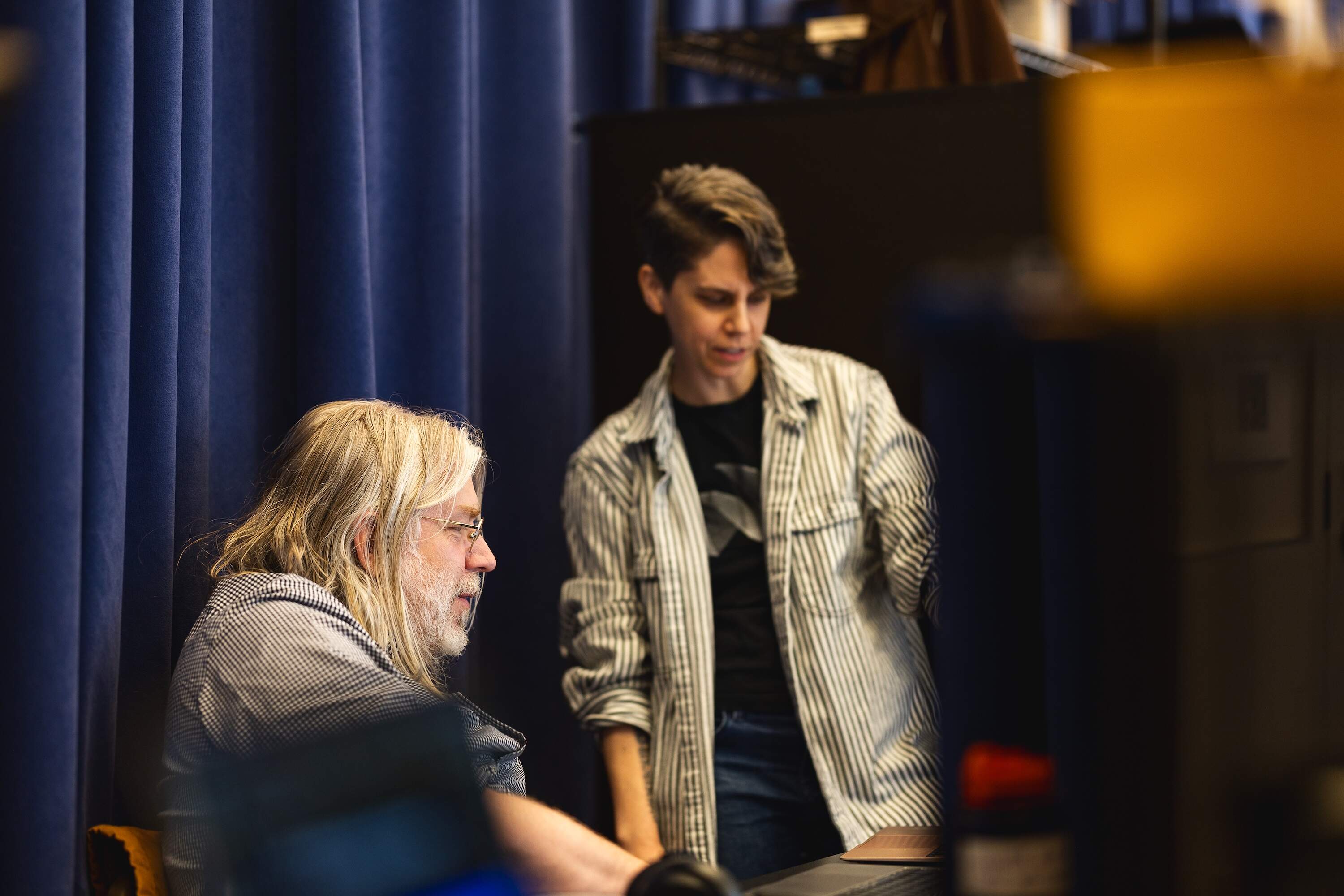 Composer Dave Malloy and playwright Jen Silverman inrehearsal for "Black Swan." (Courtesy A.R.T./Maggie Hall)