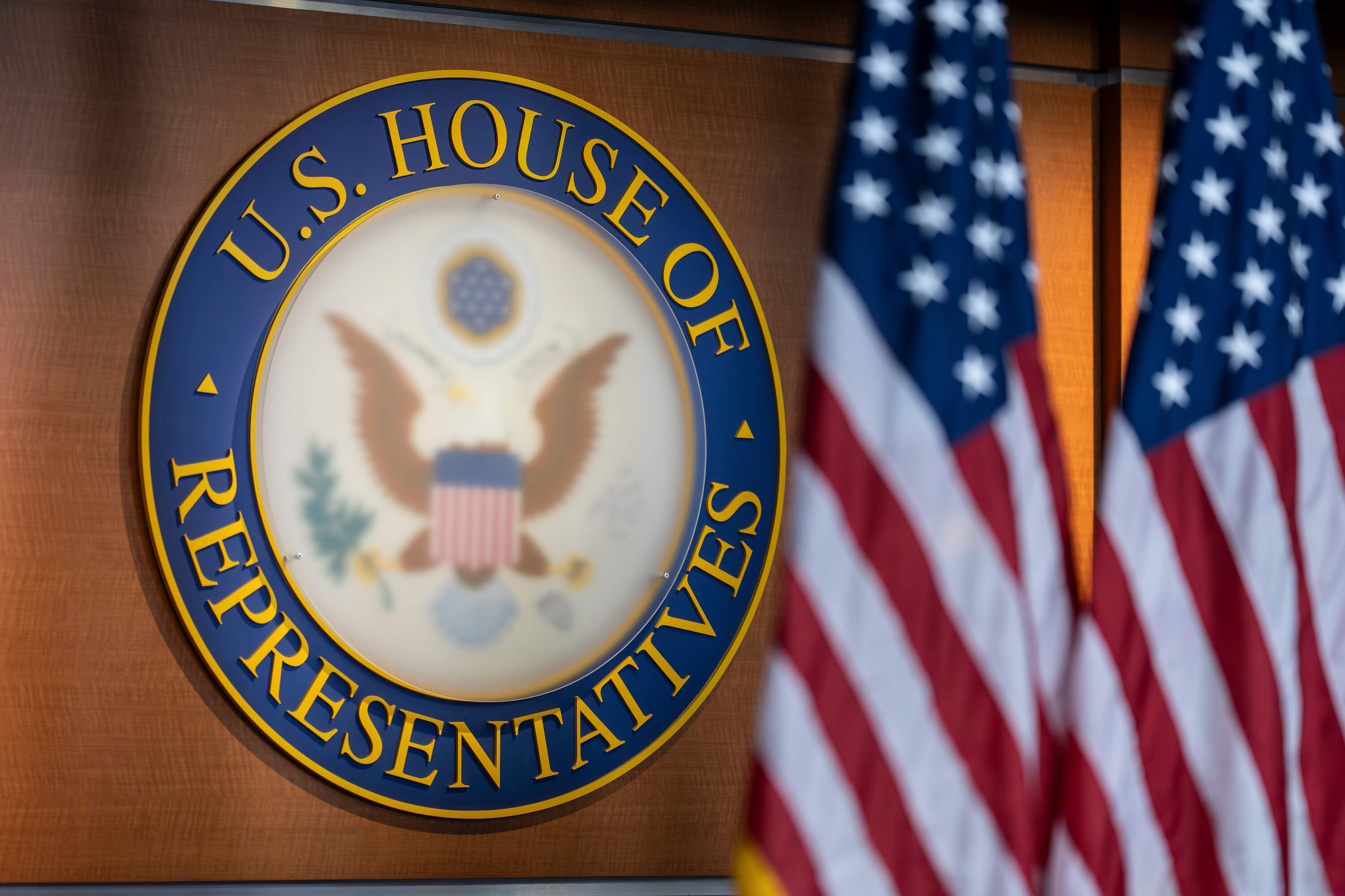 The Seal of the House of Representatives is seen on the stage of the House TV studio. (J. Scott Applewhite/AP)