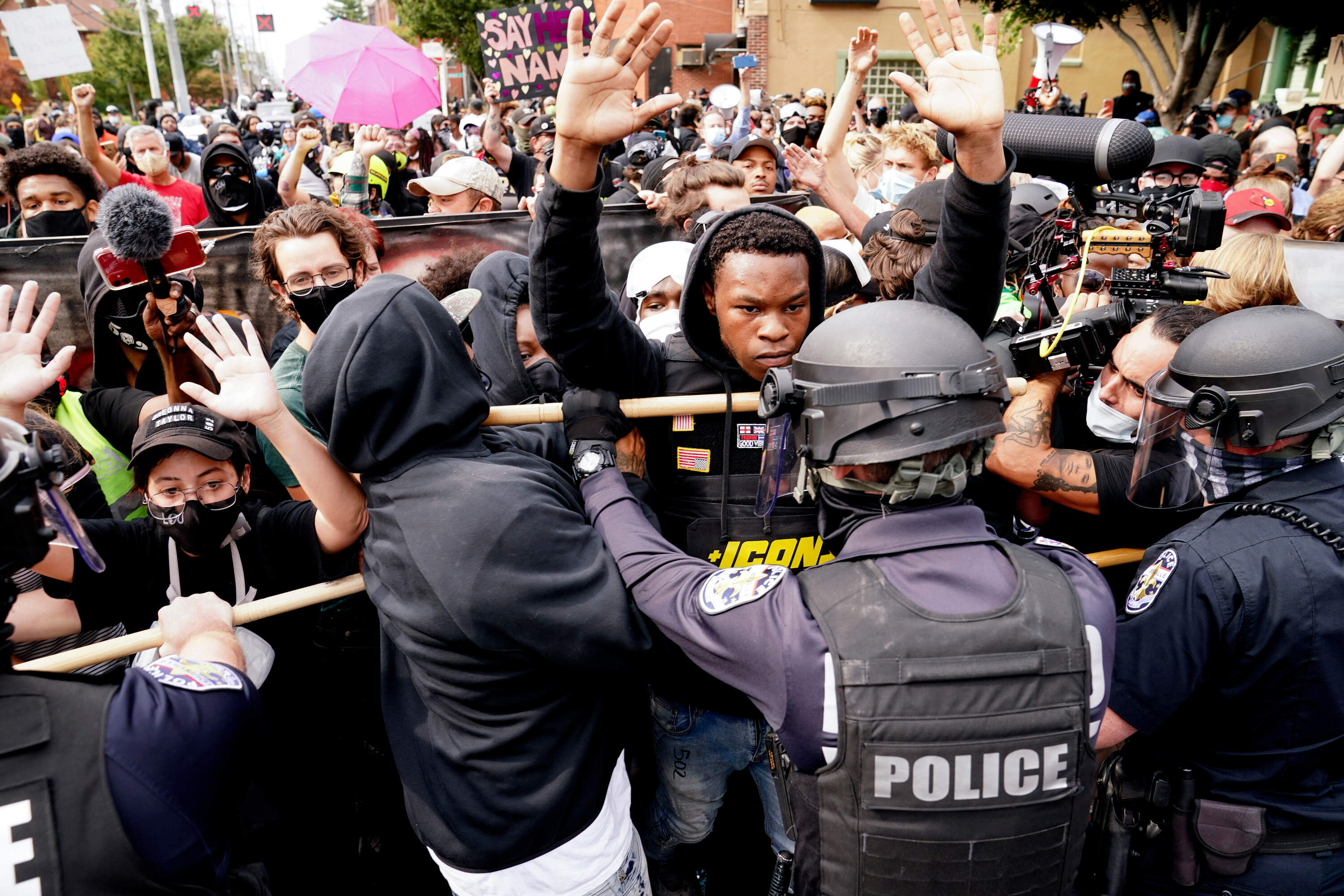 Police and protesters converge during a demonstration, Wednesday, Sept. 23, 2020, in Louisville, Ky. (John Minchillo/AP)