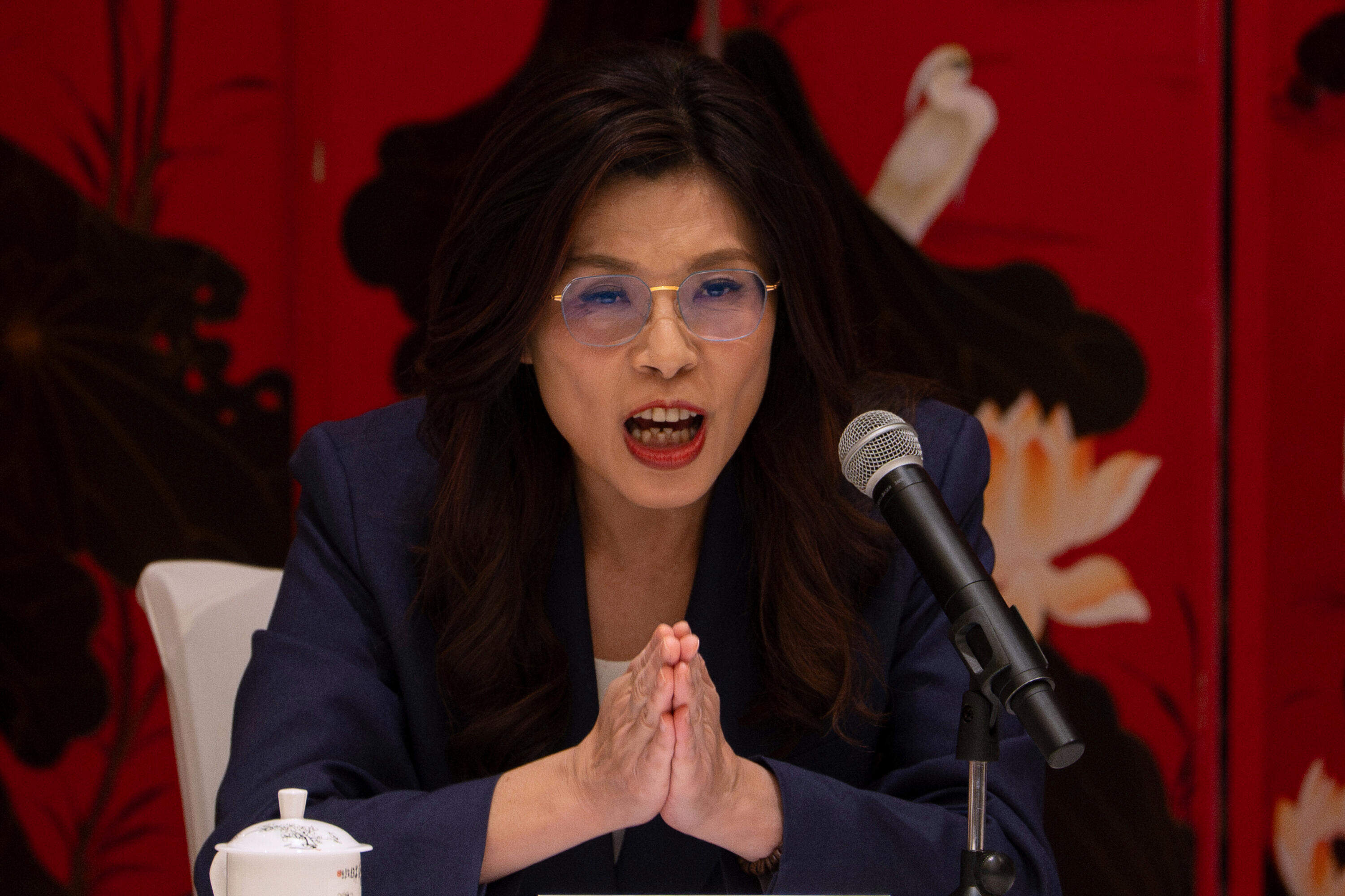 Taiwan's opposition Kuomintang (KMT) party leader Cheng Li-wun speaks during a news conference in Beijing, April 10, 2026. (Ng Han Guan/AP)