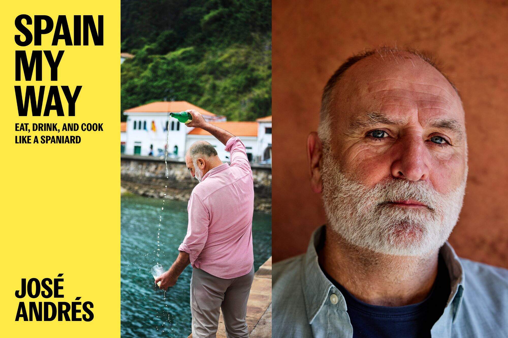 The cover of "Spain My Way" and author José Andrés. (Courtesy of Ecco and Johnny Miller)