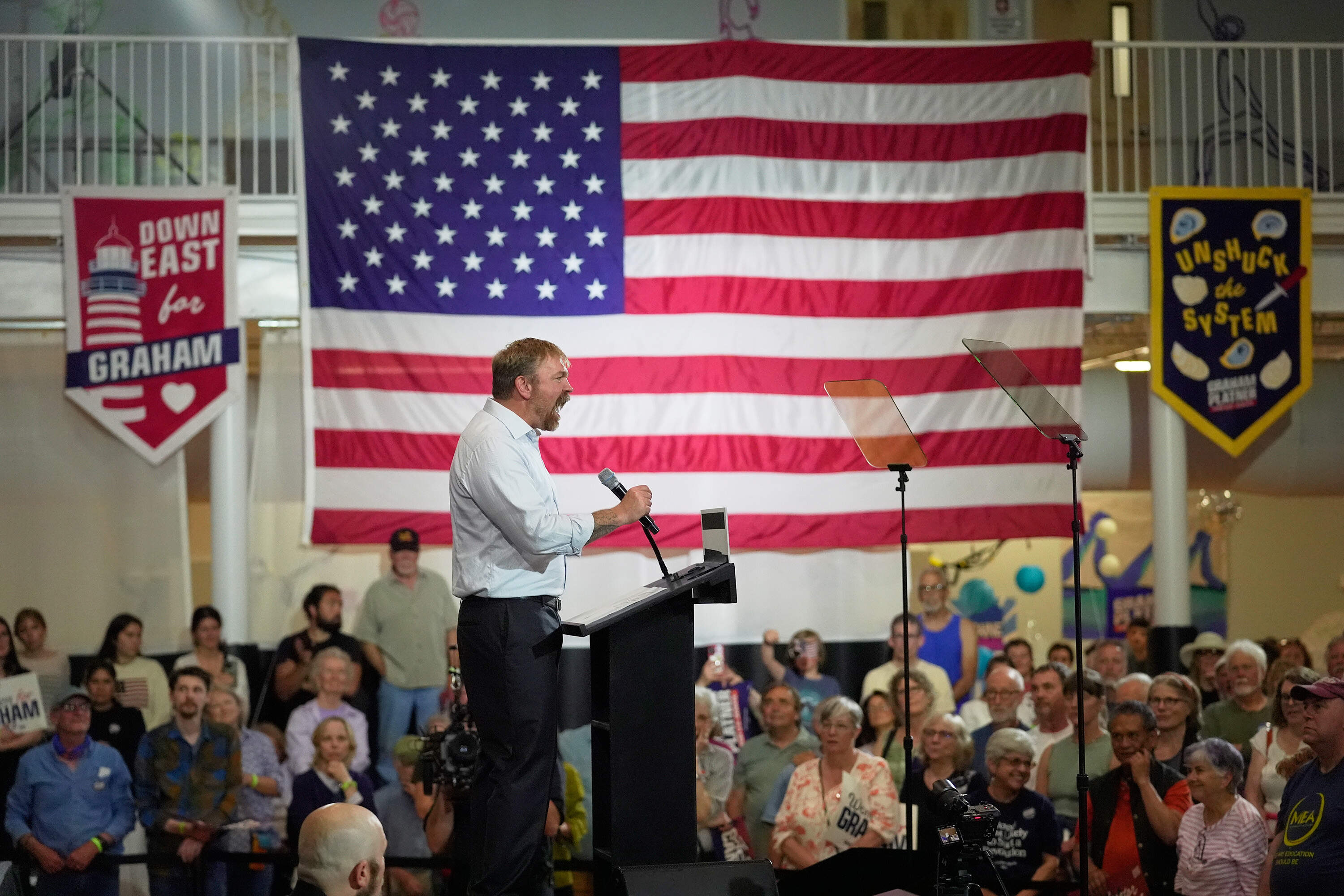 Graham Platner speaks during a primary election night watch party after winning the Democratic nomination. (Robert F. Bukaty/AP)