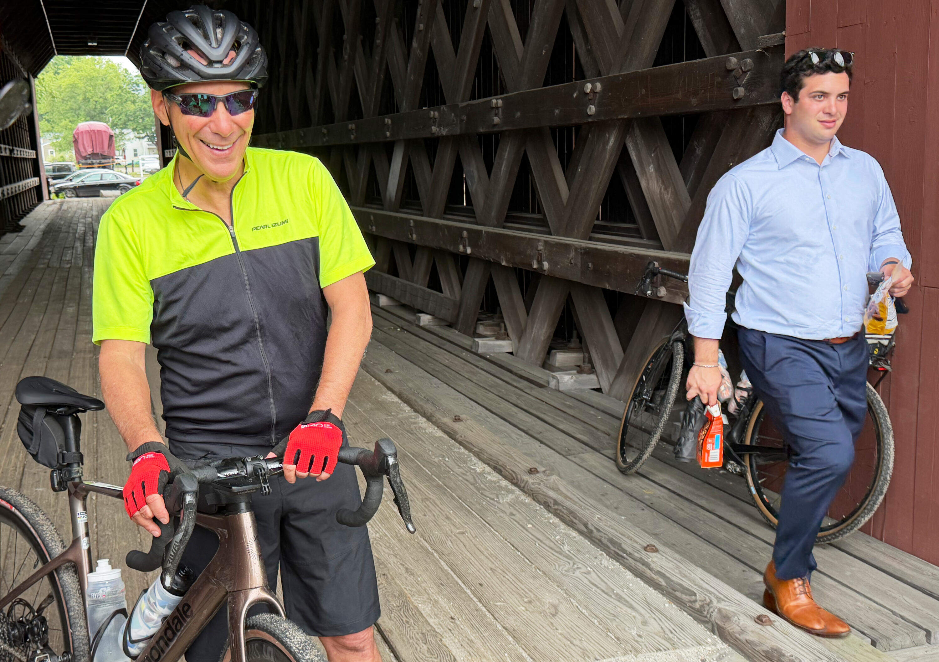 Rahm Emanuel takes a break from a bike tour through New Hampshire, Saturday, June 6, 2026. (Steven Sloan/AP)