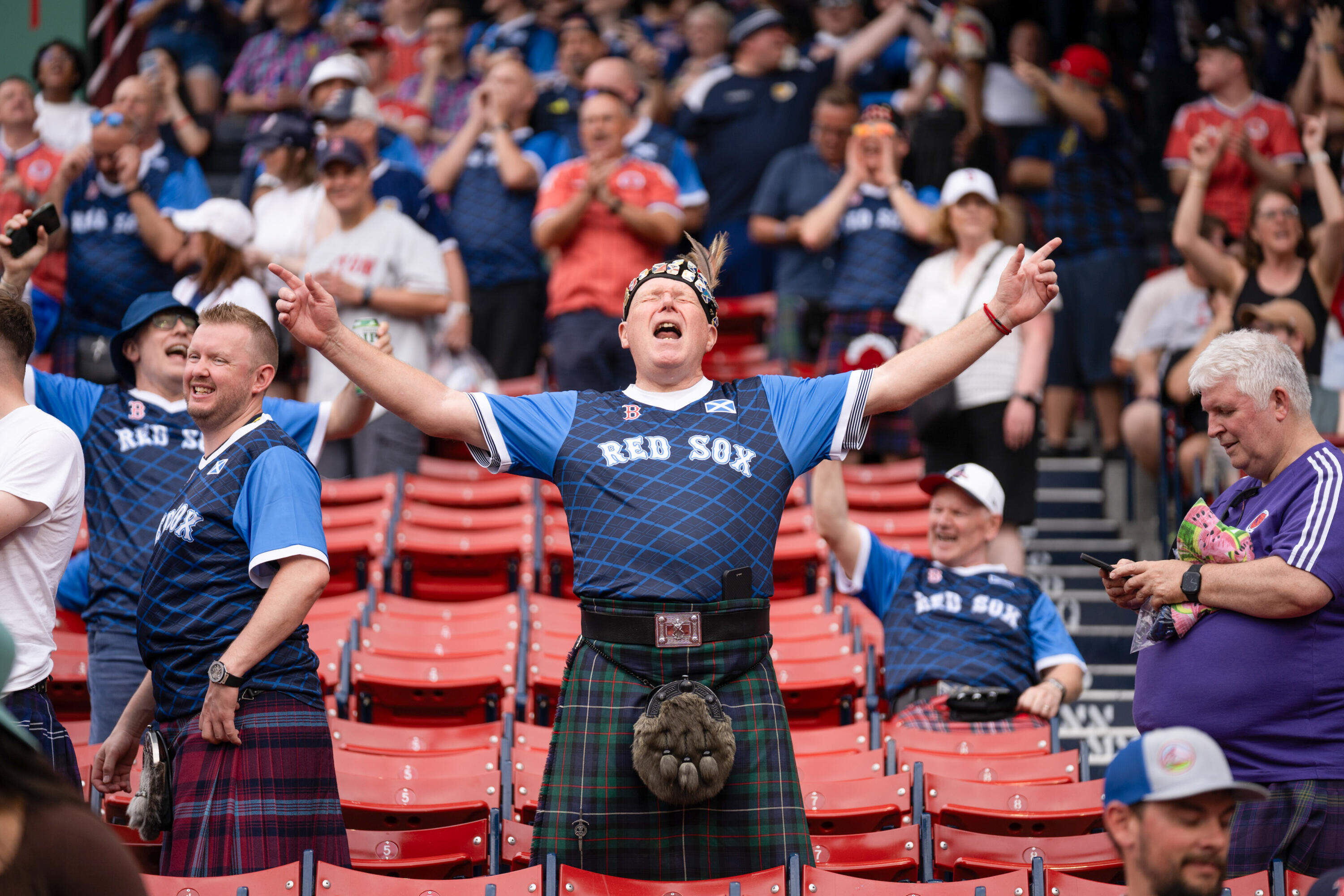 Members of the Tartan Army in the stands before the game. (Photo by Natalie Reid/MLB Photos via Getty Images)