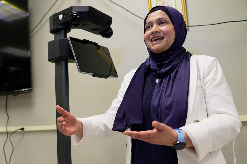 Momotaz Begum, a professor of computer sciences, speaks about the robotics program at the University of New Hampshire, Tuesday, April 21, 2026, in Durham, N.H. (Robert F. Bukaty/AP)