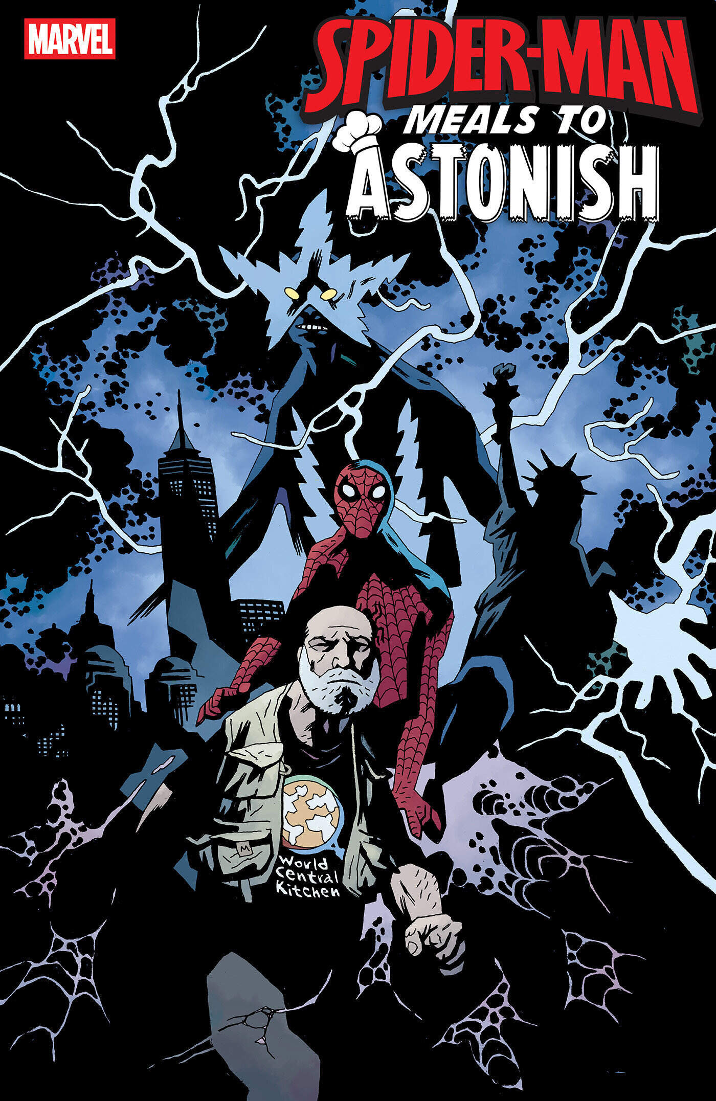 The cover of "Spider-Man: Meals to Astonish" featuring chef José Andrés. (Courtesy of Mike Mignola)