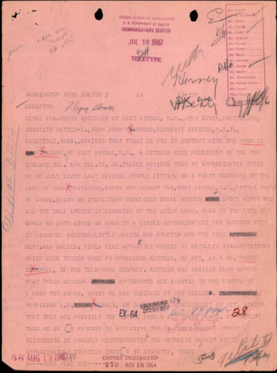 An official memo addressed to the Director of the FBI from July 1947, now declassified by the Pentagon. (U.S. Department of Defense)
