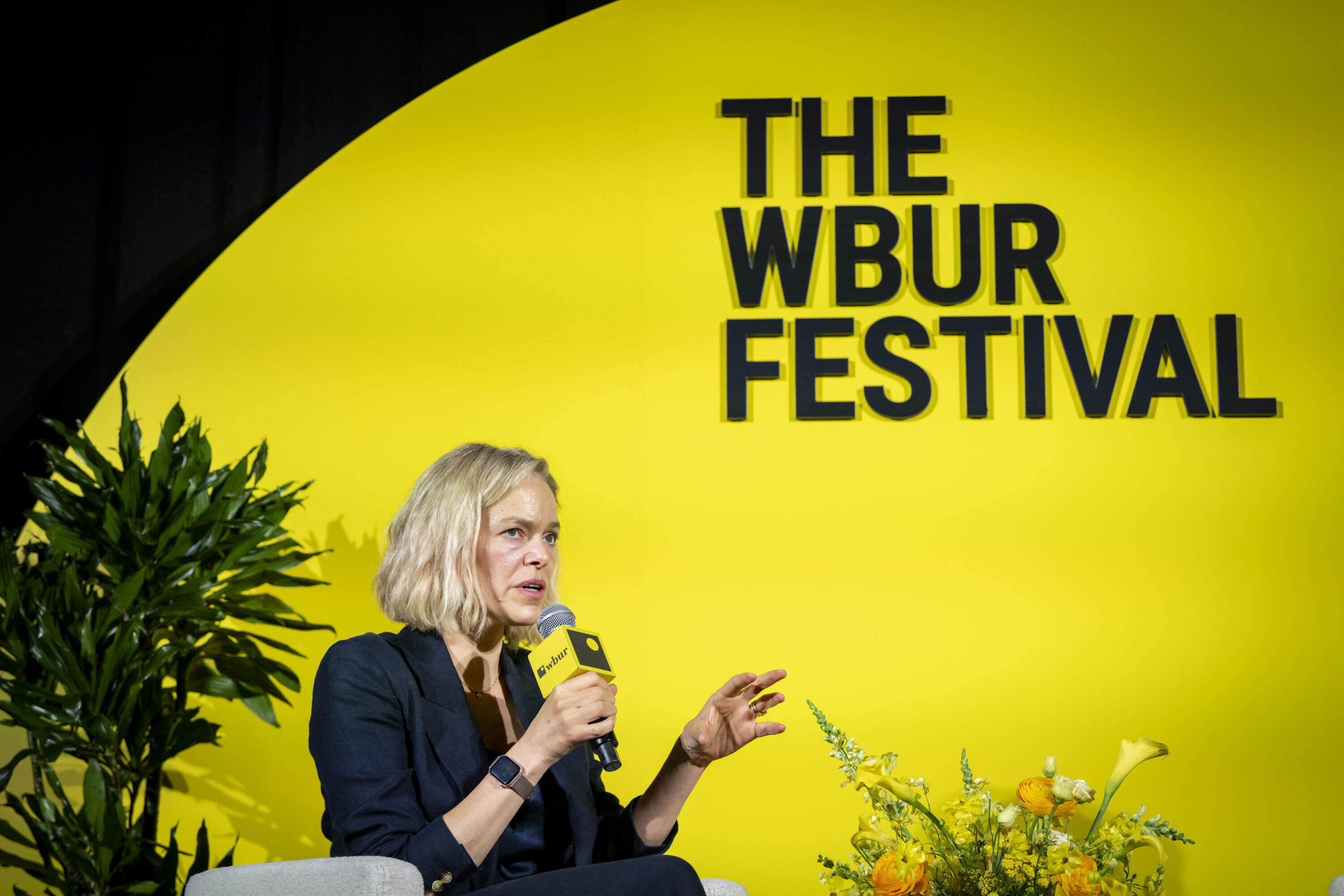 NPR CEO Katherine Maher spoke to a live audience at The WBUR Festival on May 29. (Rachel O’Driscoll/Bolt Creative Group for WBUR)